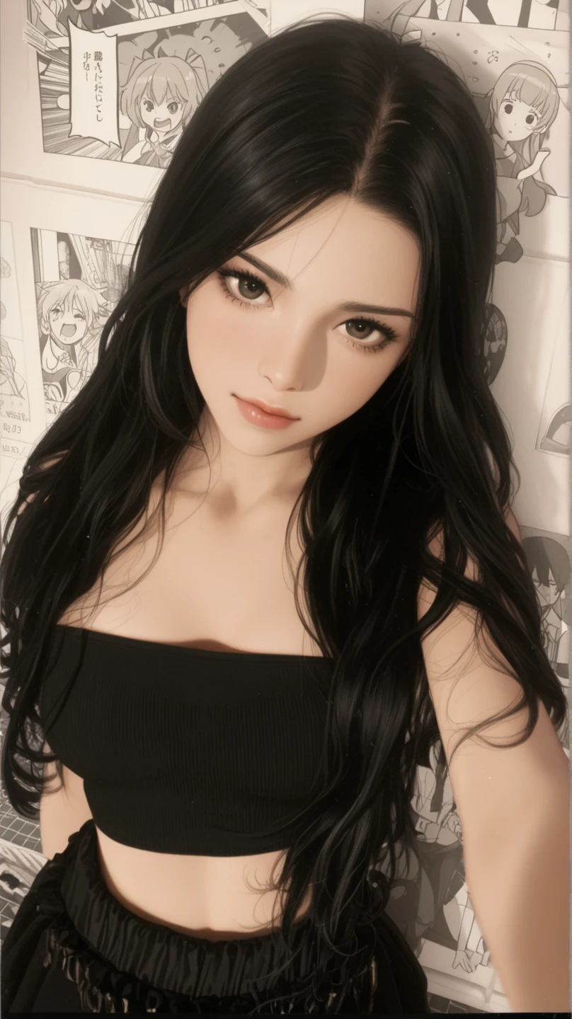 create an image like a drawing from a somewhat realistic anime manga the following is a girl with completely black hair, curly medium wavy, with white half yellow skin, completely black eyes, without irises or pupils and with lenses,rude and threatening tired look