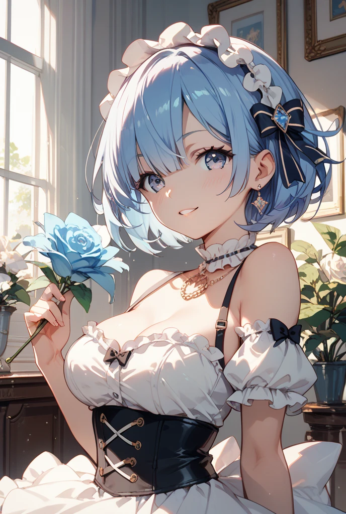 Digital anime art,highest quality,High resolution,One Girl,A girl with light blue hair in a ponytail,Super detailed,off shoulder tops,mini skirt,Big Breasts,Cleavage,Looking up,Raise one hand、holding a white rose,A cheerful smile,Laughing with your mouth open,A rich expression,Eyes drawn in detail,necklace,ring,hair ornaments,bracelet,Inside a fantasy castle,8K