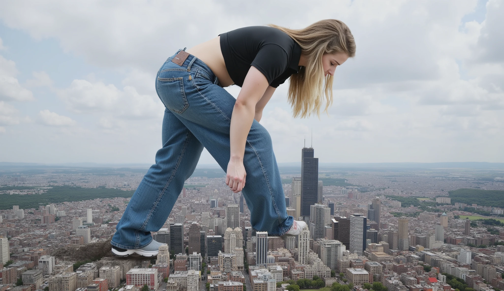 20 years old fitness girl, dressed in short sleeve crop polo top and long blue jeans and athletic shoes, masterpiece, best quality, 4K, 8K, long hair, she walks over city, giantess, GTS, view from side of her, crushing building under her shoes, destruction, she is 999999 meters tall, giga giantess, crushing buildings, bending over grabbing skyscraper in hand crushing it in her grip