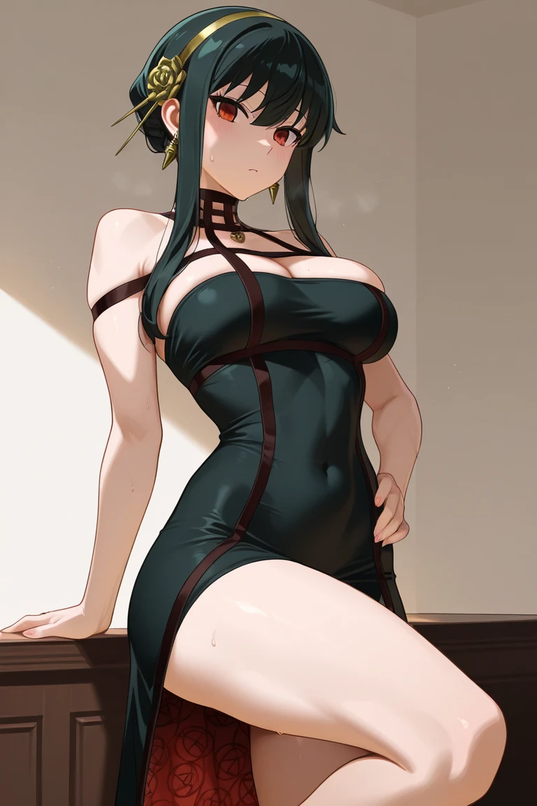 (masterpiece, best quality:1.2),((photoreal:1.1)),perfect anatomy,((solo:1.5)), ((alone:1.5)),((Kokuyou:1.3)), (1 middle age woman:1.5)),((1 MILF:1.4)),perfect eyes, ((looking at viewer:1.4)),((horizontal angle)),((view from the front:1.4)),((straight-on:1.4)),shooting from front,lighting from front,((small breasts:1.3)),((aged Piutuary small breasts:1.2)),(muscular),((do not hide your crotch:1.4)),((cod lips)),((squatting:1.3)),((spreading your legs wide:1.3)),(holding your head high),((hands on hip bone:1.4)),((bare shoulders)),((bare arms))((bare legs:1.4)),delicate and beautiful,((dark navy hair:1.3)),BREAK ((deep green long dress :1.3)),high heel,evening dress,halterneck dress,party dress