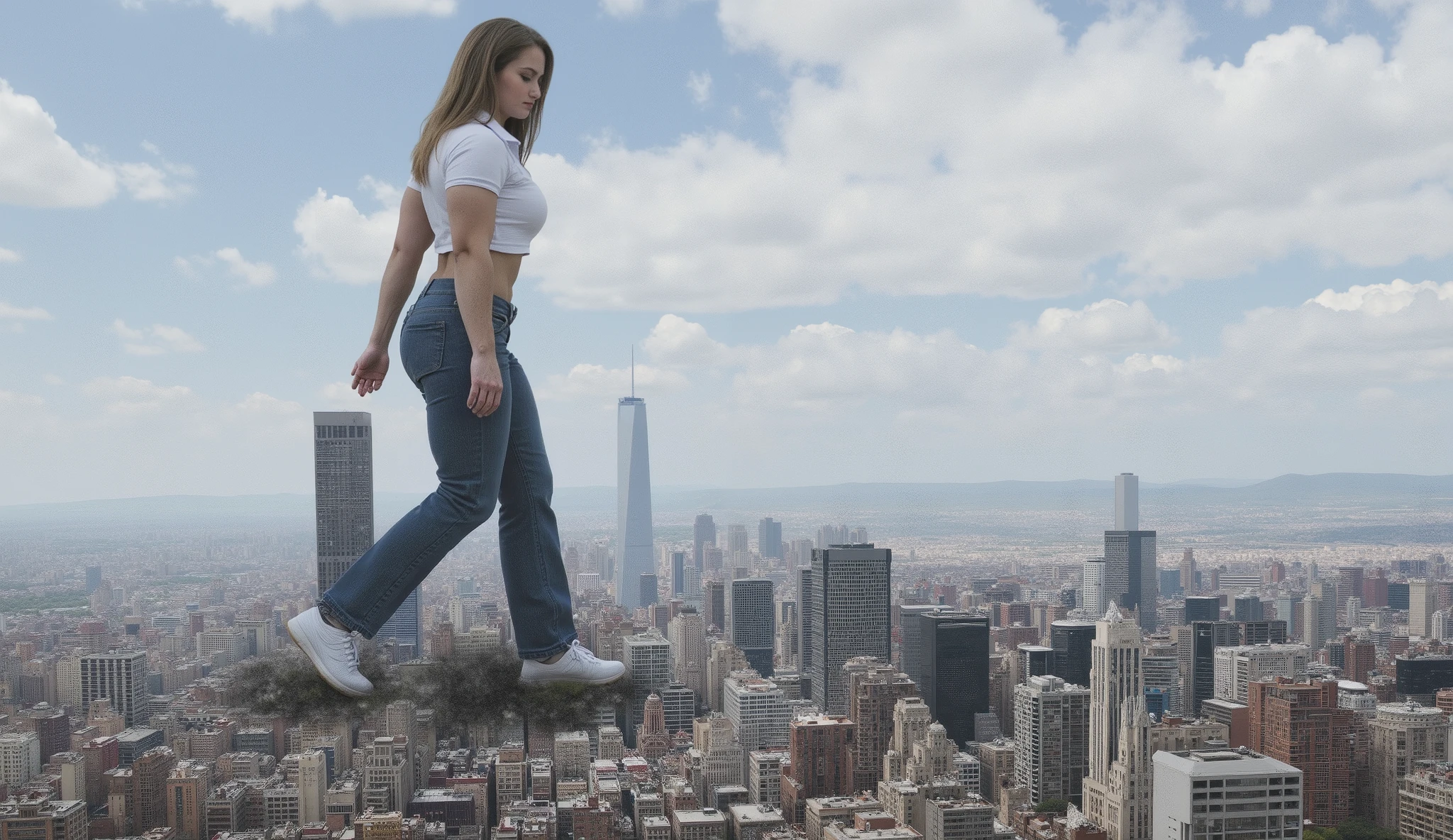 20 years old fitness girl, dressed in short sleeve crop polo top and long blue jeans and athletic shoes, masterpiece, best quality, 4K, 8K, long hair, she walks over city, giantess, GTS, view from side of her, crushing building under her shoes, destruction, she is 999999 meters tall, giga giantess, crushing buildings, bending over grabbing skyscraper in hand crushing it in her grip