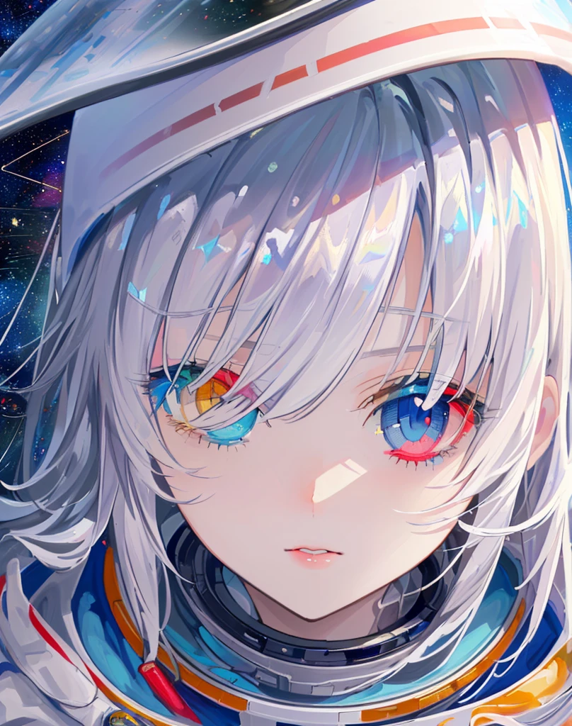 (Simple hand: 0.5) + (detailed hand: 0.7), (Masterpiece), (Best quality), figure standing on the right third of the dots, starry sky and star ring, white hair with a faint bluish, red blue light, red eyes, 1 girl, pale skin, white hair, red eyes, bicolor hair, eyelashes, bracelets, jewelry, smile, sparkling skin, shiny hair, detailed and majestic stage, fantasy, long hair, 1 girl, two-tone hair, night sky, Incredibly detailed CG illustration masterpiece, Looking at you, anime, beautiful anime eyes, beautiful detail eyes, eyes, sparkling eyes, red eyes, galaxy, nebula, (whole body), (curve),