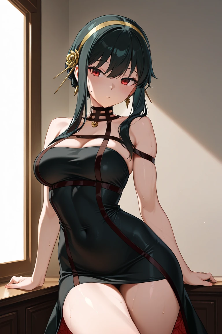 Mio same as the original, Mio, nude, (pussy:1.1)
BREAK, (Chinese dress), (view from below), arms behind back, (wild lift), thin dress, crotch cutout, 
BREAK looking at viewer, 
BREAK, home,
BREAK masterpiece, (beautiful detailed eyes), extremely detailed face, perfect lighting, (perfect hands, perfect anatomy), large breasts, hairband, hair bow, hair ribbon
