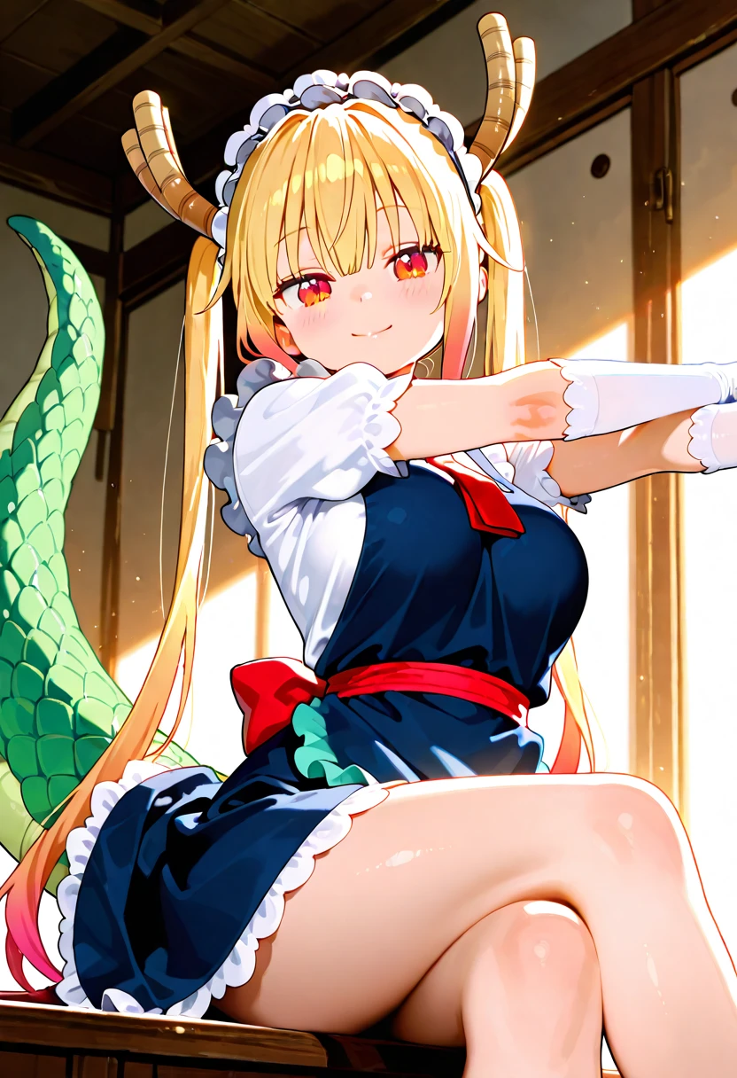 masterpiece,high quality, <lora:Tohru:1>, 1girl, maid, large ass, large breasts, cleavage cutout, blonde, tohru \(maidragon\), horns, green tail, miniskirt, mini shirt