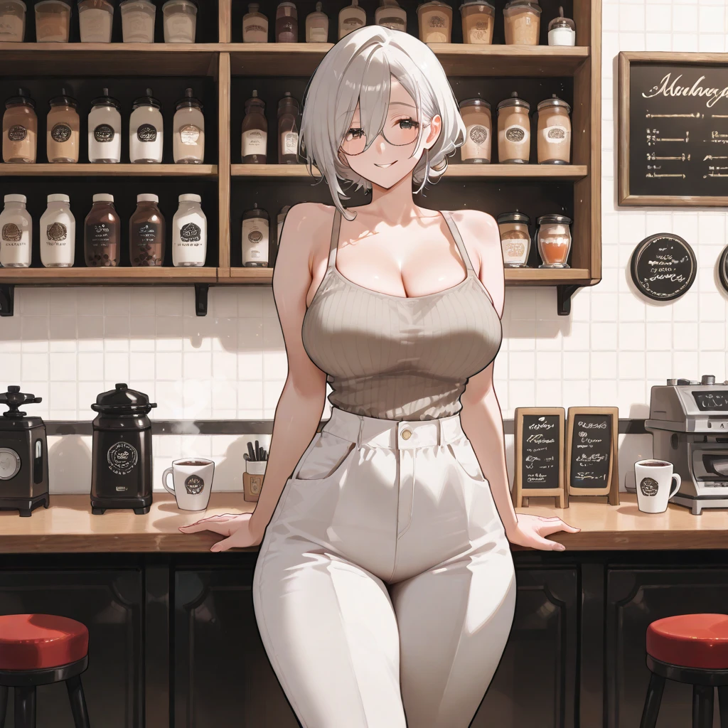 Woman, Sexy, White hair, In cofee shop, Coffeing, Lofi, Comfy, High details, High resolution, 4K