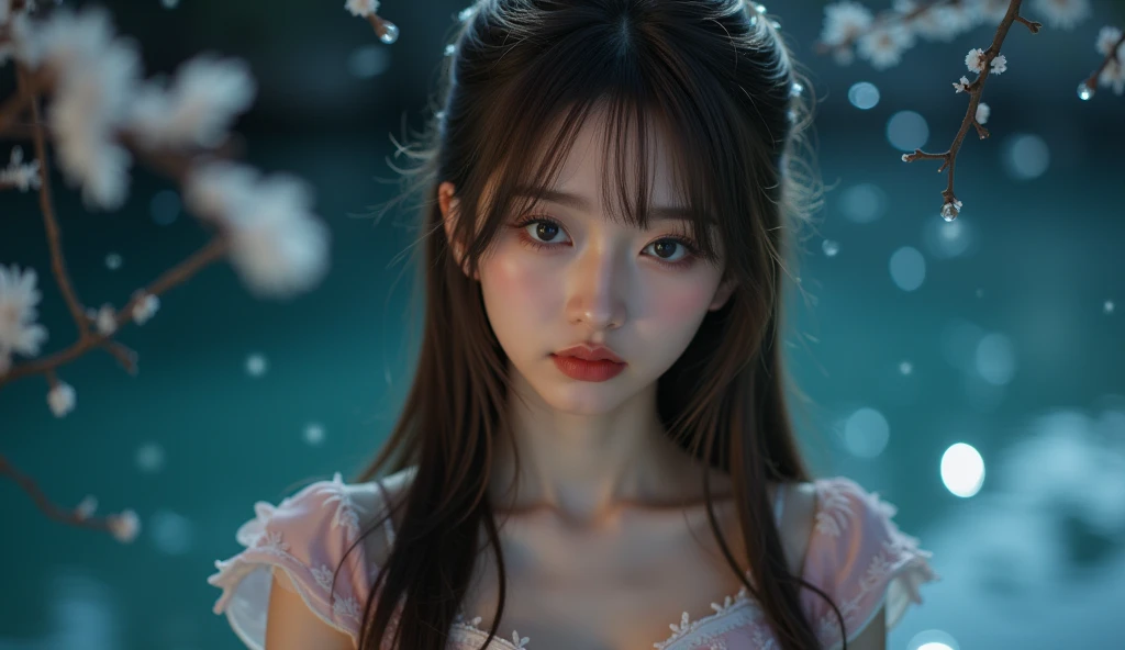 masterpiece, Awesome girl, pretty girl, bust, Eye for detail, Perfect Eyes, Portraiture, A face with attention to detail, Same eyes, Glare, Rainbow colors, Global Illumination, Soft Light, Dream Light, Digital Painting, 8kクローズアップ, Fantasy, Night Sky, performer, nebula, White Crystal, moonlight, Tranquility, summer, (8k:1.1)