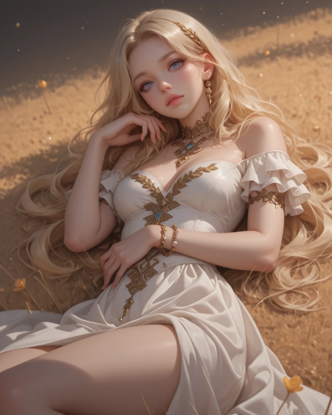 hyperrealistic, masterpiece, with high detail, clear focus, a beautiful woman with very long golden hair, beautifully styled, sits in a luxurious mansion in a comfortable hanging rattan lounge chair on the veranda of her house, she has beautiful slanted dark blue eyes. She is wearing a light light short dress, she looks like a fashion model, movie experience, she seems to be doing well in life, light smile, high quality, amazing detail, 8k ultra HD, colorful double exposure, high detail, clear focus, stunning full color, various variations.