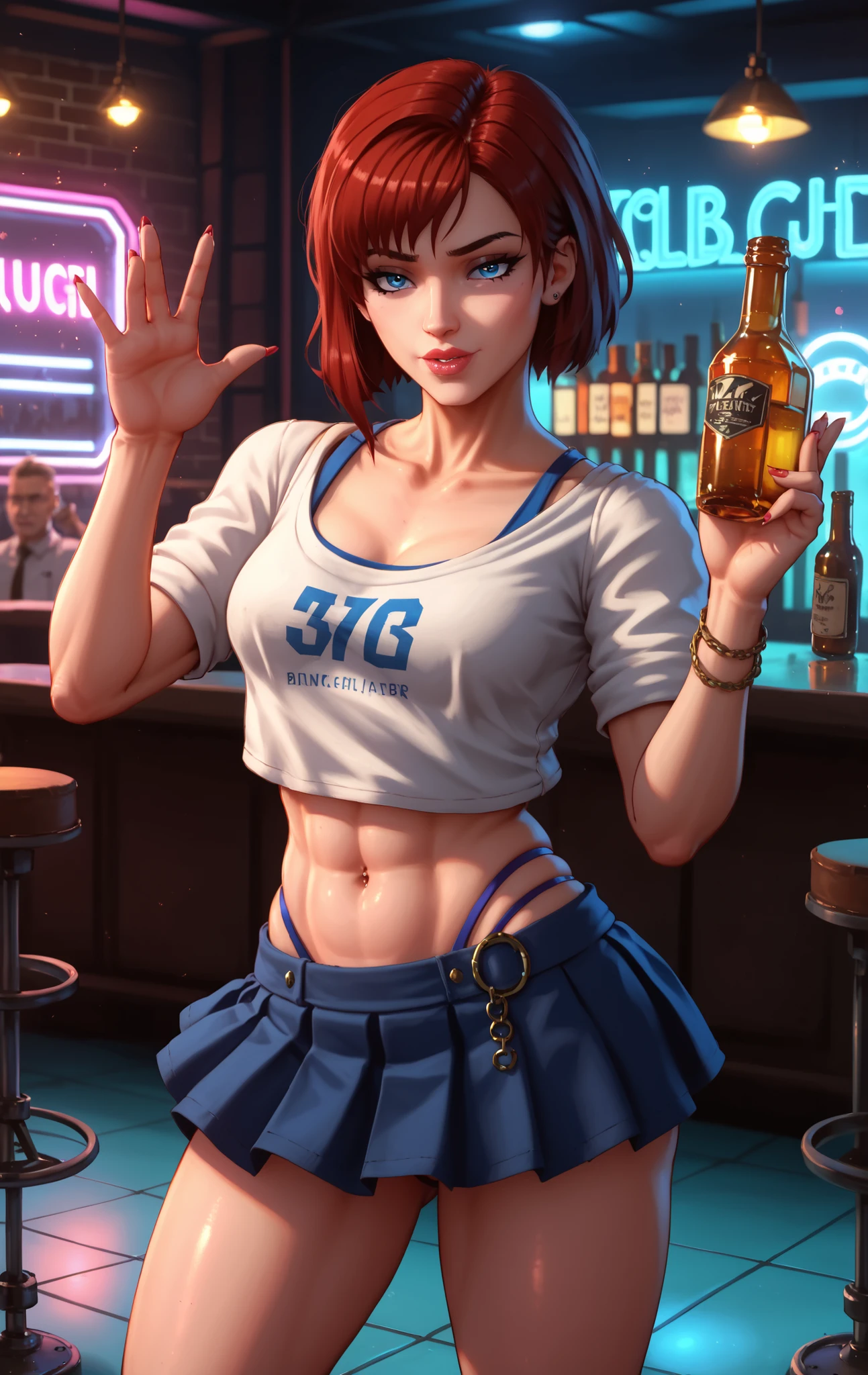 masterpiece, best quality, highres, nishikino maki,purple eyes,red hair, in bar, standing, looking at viewer, sexy,(lips:0.6),(fishnet bodysuit all over her body), see through crop top,see through mini skirt,llchar, cowboy shot,(solo),love live