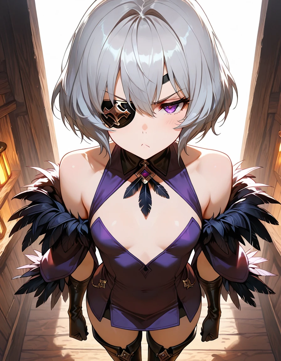 (Masterpiece, Best quality, Ultra-detailed, Best shadow), (Detailed background,Dark fantasy), (Beautiful detailed face),  (Off-the-shoulder attire), Colorful,take up close， Hyper-detailing，White color hair，daggers，scowling，frenzied，big laughter，Medieval Street, 1 girl, Solo,whaite hair, sharpy face,short detailed hair,Purple eyes, Bare neck，(little breast)