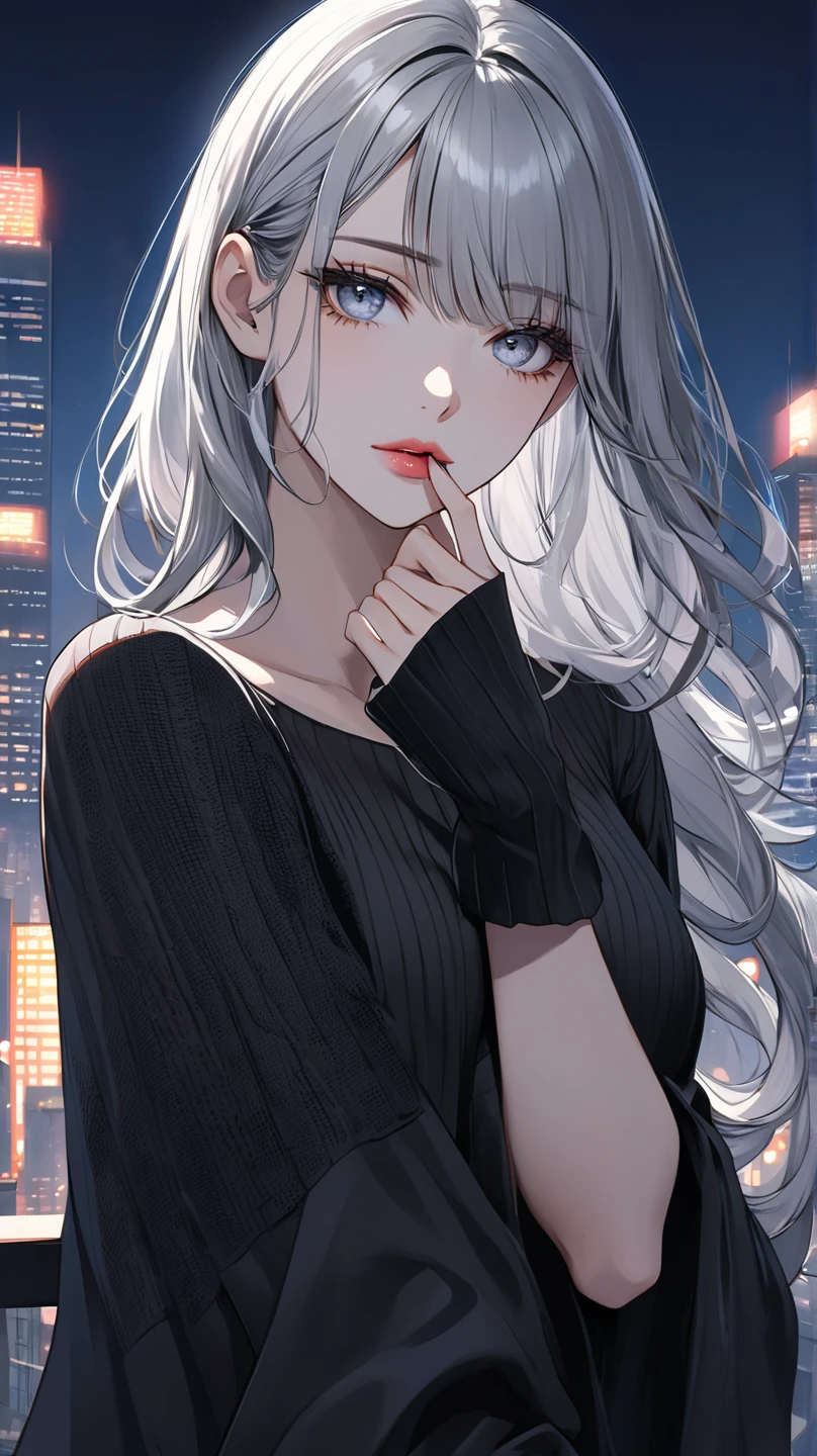 Beautiful illustration, close up of a beautiful woman's face
A stunning young woman with delicate facial features and expressive eyes stands under a twilight cityscape. Her soft silver-gray hair flows in gentle waves, catching the ambient city lights. She's gazing toward the viewer with an air of mystery, her lips slightly parted, one finger thoughtfully resting near them. The other hand is partly covering her mouth, as if holding back a secret, clad in an oversized black sweater sleeve.
