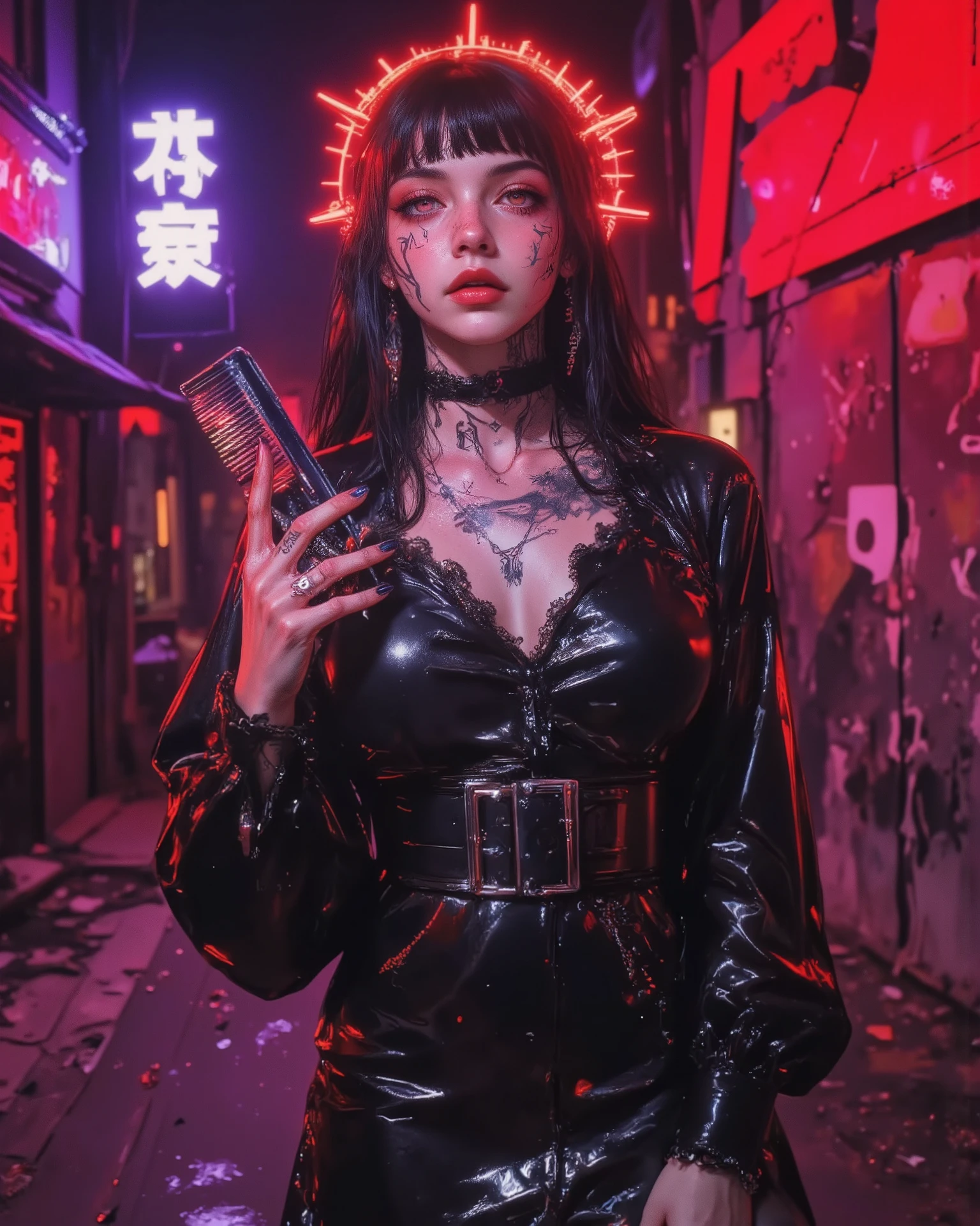 Photorealistic portrait of a young woman in a dystopian environment, where darkness and danger are intertwined with a futuristic aesthetic. The scene takes place in a ruinous urban landscape, illuminated by neon lights in shades of red and purple, reflecting a bleak and decadent atmosphere. The girl wears a genuine leather dress designed exclusively by Cybercom des Garçons, made with precision, with metallic details and haute couture finishes. The outfit is a mix of avant-garde and aggressiveness, that highlights her power and imposing presence. Her long black hair falls in waves, aesthetic partially covered by a hood that reveals facial tattoos inspired by alchemical symbols, shining with a faint and mysterious light. The young woman adopts a challenging posture, raising her hand with a gesture of absolute contempt: the comb, symbol of arrogance and rebellion, like a clear nod to the classic mafia, charged with threat and contempt. The lighting , high contrast , highlights the textures of the leather, the skin and the metallic details, while disturbing shadows hover around the figure. The composition evokes a sense of power, mystery and dark luxury, the elegance of haute couture with the harshness of aesthetics Mafiosa and the Cyberpunk.