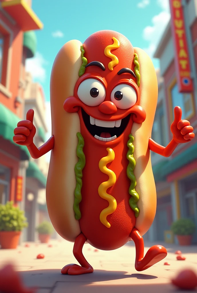 A hot dog snack doll on a grill jumping and talking come to London snacks