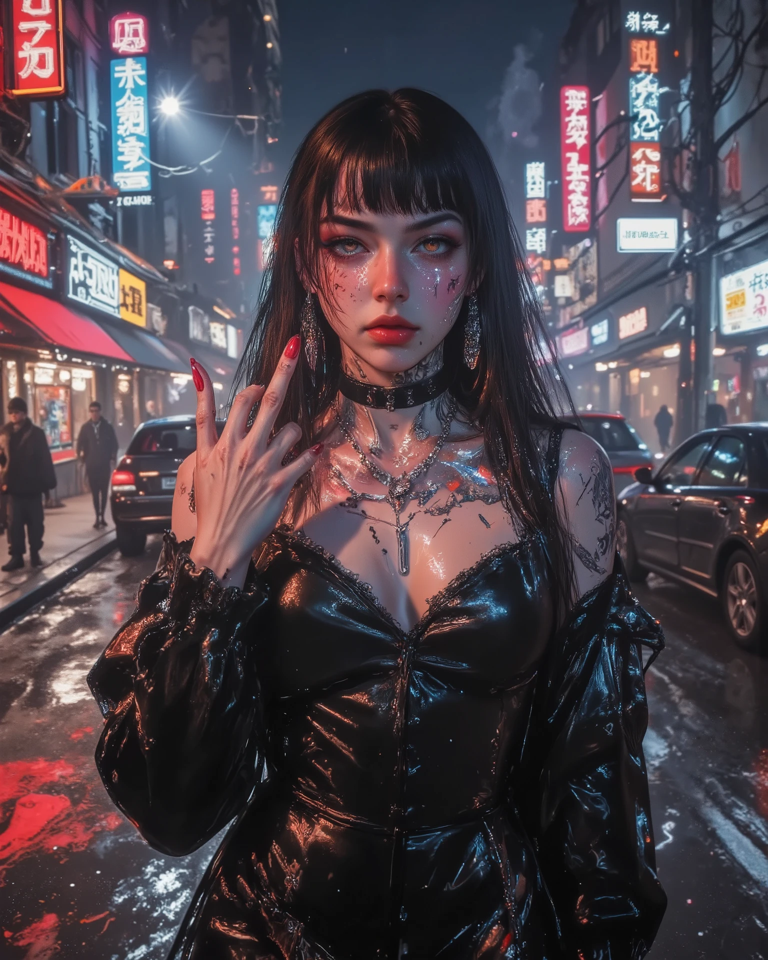 Photorealistic portrait of a girl in dark and dangerous world, inspired by a Gothic picture book. The environment has a cyberpunk aesthetic, with streets illuminated by broken neons, fog and distorted architecture. The girl wears a one-piece genuine leather dress from Cybercom des Garçons, with metallic details and fine finishes. His long, dark hair is partially covered by a translucent hood. She wears shiny facial tattoos with alchemical symbols and has a challenging expression, raising the middle finger as a mockery gesture. The scene is surrounded by tension floating in the air, with dramatic, cinematic lighting that highlights the details of the leather and skin. The style is a mix of high fashion, cyberpunk and gothic aesthetics, influenced by the Paris runway and the universe of the Mafia.
