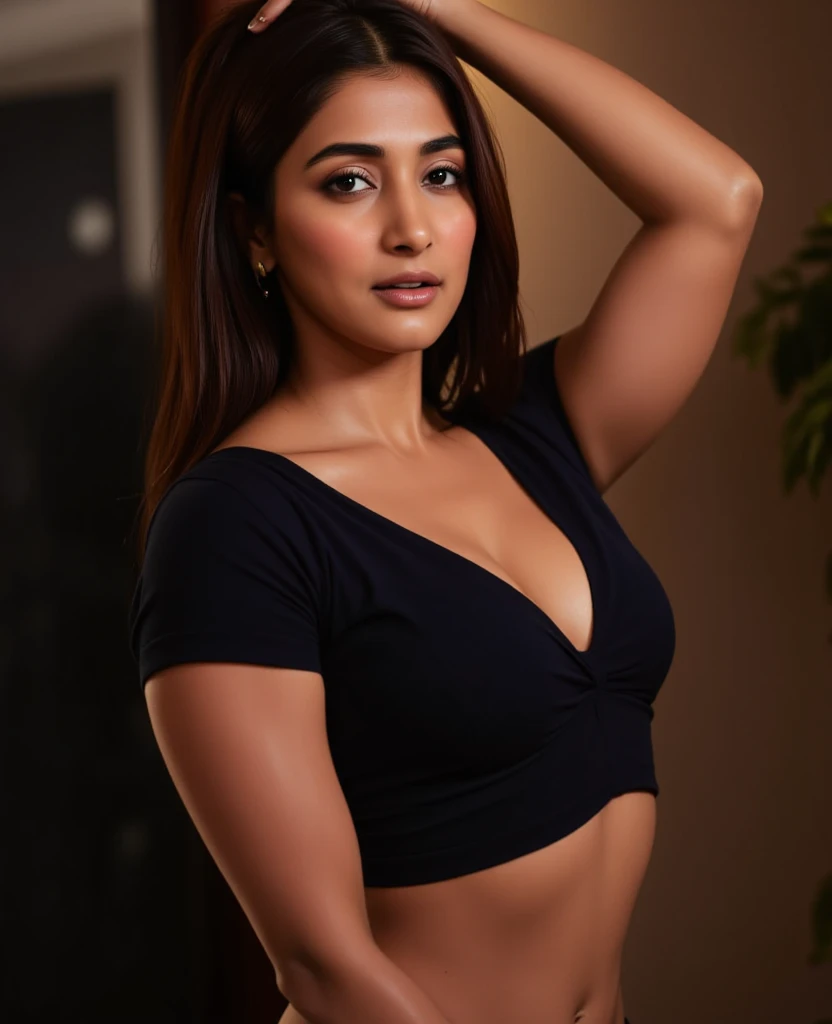 
a young indian beautiful women, furrowed her eyebrows, open mouth, closing eyes, face facing downwards. wearing black tank top, big breast. updo hairstyle. push up pose. captured from below super low angle. white modern architecture as background