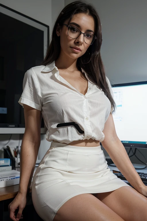 Woman wavy hair athletic body huge breasts dress in wet long white shirt buttoned fishnet tights she wears eyeglasses sitting on an office chair in an office looks in front bright realistic image 