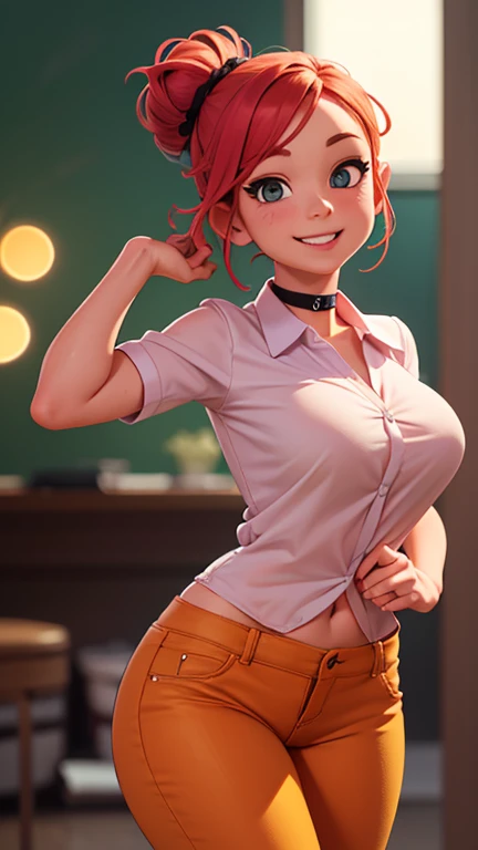 merula, pink high heels, red lipstick, tonified legs, leather mini skirt, full body, thighs, sexy top, belly