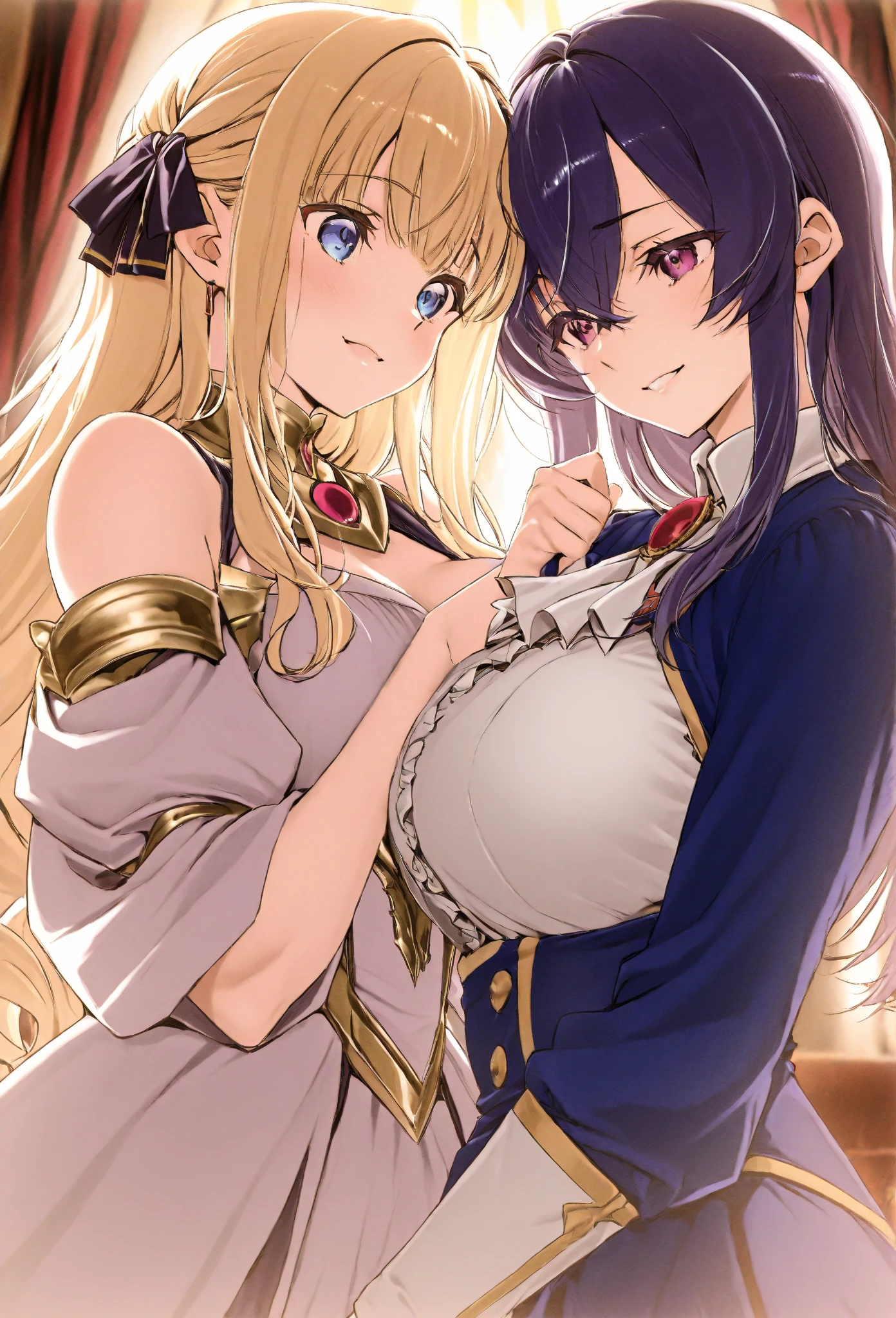 Esmeralda, 18 years old, long blonde hair, blue eyes, big breasts, an open blue dress with diamond blood cuts, showing up at Cristalina's temple to get her job as a prostitute..hentai