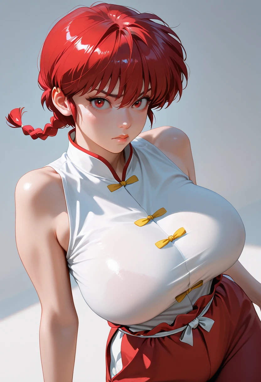 (topless:1.3),((masterpiece)), expensive quality, very_expensive_solve, big_file size, Full Color, Thick outline, Clear contours, colorful, (Beautiful attention to detail), (Beautiful Face:1.3), Boyish face, 1 Girl, (Ranma), (Redhead), short hair, (Braided Ponytail), ((bangs)), bumpy bangs, Blue-gray eyes, Big Breasts, Curvy, Black Wristband, Ranma, Braided Ponytail, Chinese clothing, No sleeve, Tangzhuang, Black trousers, Camel Toe, Are standing,