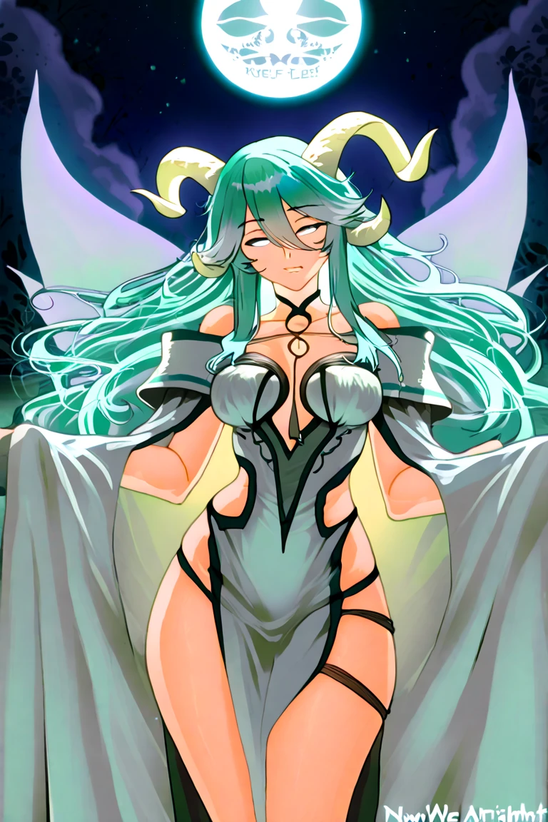 melodia,pointy ears,breasts,solo,long hair,red eyes,black hair,head wings,
jewelry,cleavage,white dress with frills,white choker,leotard,collarbone,detached sleeves,
standing,upper body, smil, 
circlet,collarbone,stars, night, 
(insanely detailed, beautiful detailed face,beautiful detailed eyes, masterpiece, best quality),
 <lora:melodia-10v6:0.8>