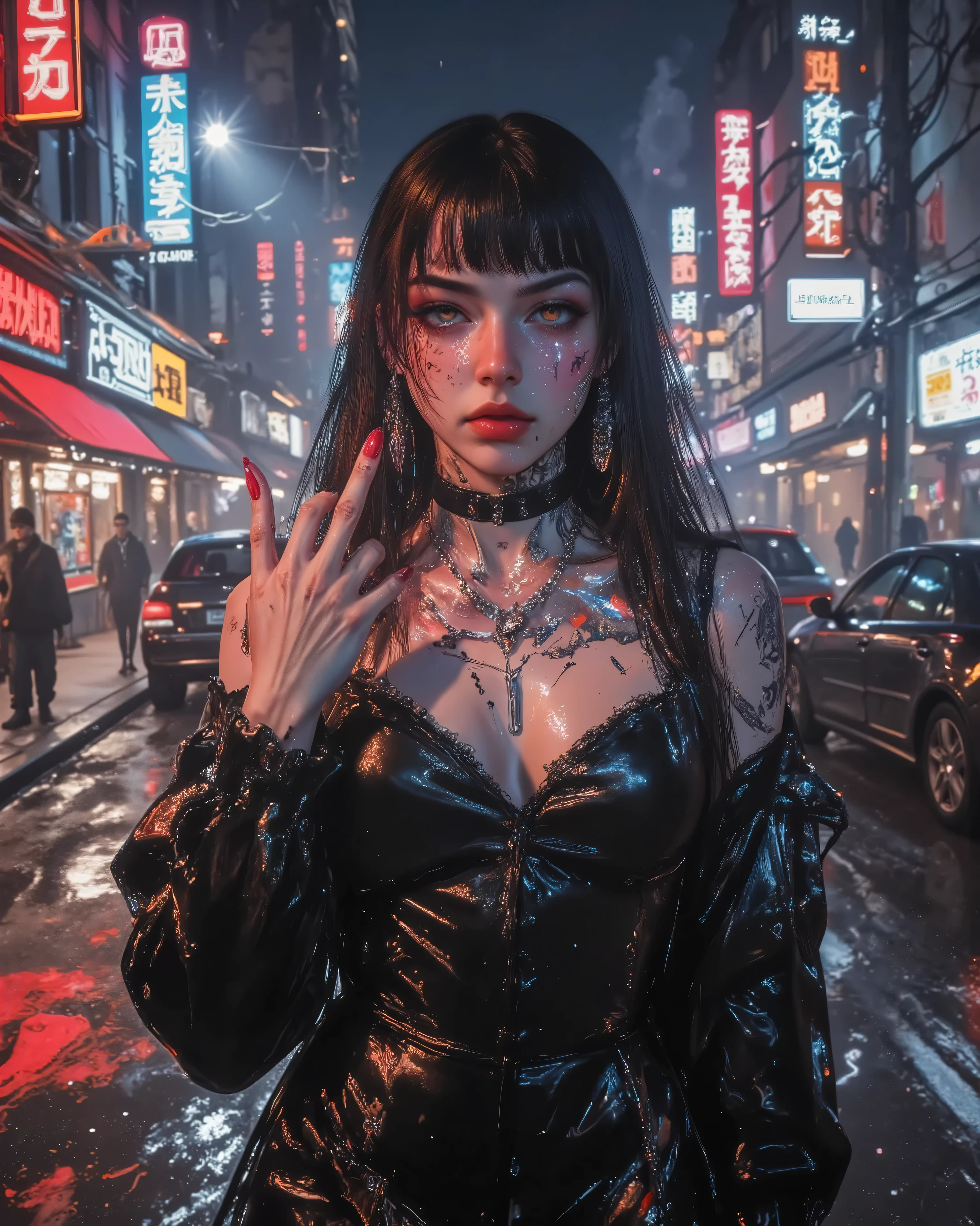 Photorealistic portrait of a girl in dark and dangerous world, inspired by a Gothic picture book. The environment has a cyberpunk aesthetic, with streets illuminated by broken neons, fog and distorted architecture. The girl wears a one-piece genuine leather dress from Cybercom des Garçons, with metallic details and fine finishes. His long, dark hair is partially covered by a translucent hood. She wears shiny facial tattoos with alchemical symbols and has a challenging expression, raising the middle finger as a mockery gesture. The scene is surrounded by tension floating in the air, with dramatic, cinematic lighting that highlights the details of the leather and skin. The style is a mix of high fashion, cyberpunk and gothic aesthetics, influenced by the Paris runway and the universe of the Mafia.
