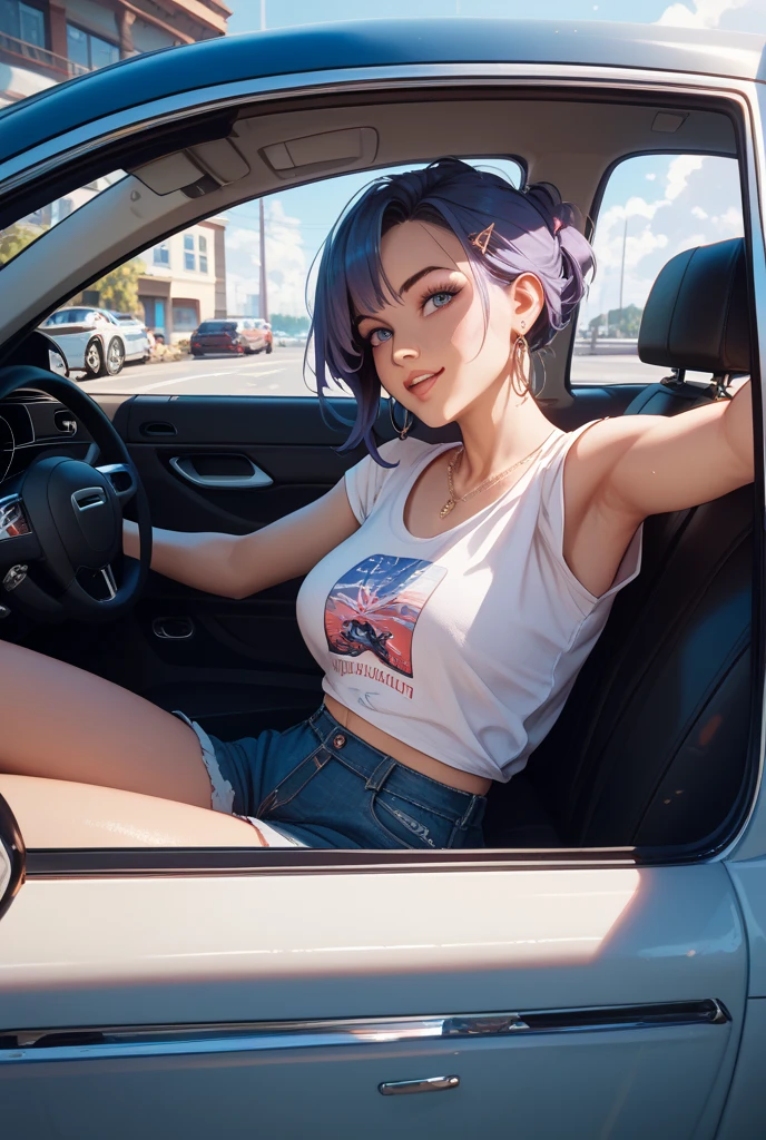 Blue-haired girl,long whitr hair,Have by the sea,Super big breasts,There is cleavage,Blue swimsuit