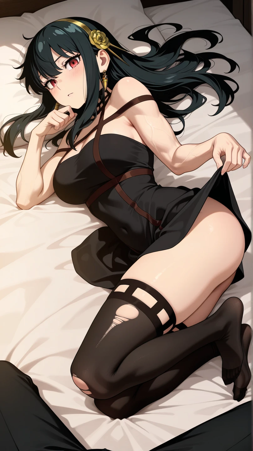 wavy black hair, piercing look with deep red eyes, average stature, Silky hair with a ponytail hairstyle collected with a red bow with two white lines., lying in her bed ,unclothed , has a vagina, has breasts,NSFW, poses perverteds, lustful look, perverted, wearing a top, wearing a mini skirt, you can see her underwear under her skirt, showing my ass to the camera, transparent lingerie panties