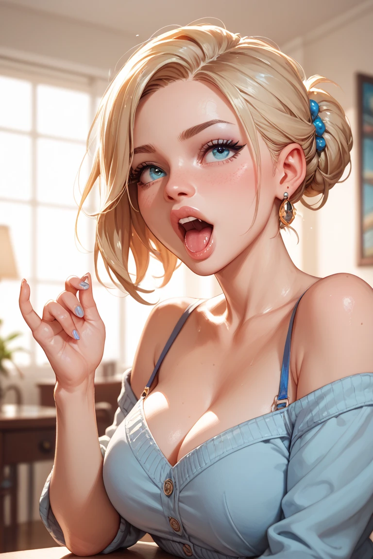 absurderes, ultra-detailliert,bright colour, extremely beautiful detailed anime face and eyes,top-quality、masutepiece、(Stylish bedroom in the morning),(Sexy smile:1.4)、(put out the tongue:1.5)、pink bra、a blond(Forehead:1.3)、Straight hair、(Stylish pink bra:1.3)、(Lying on your back on the bed:1.4)、slender white body、(Hands on chest:1.4)、(medium breasts:1.2)、(Deep Blue Eyes:1.4)、Blushing、Small necklace,light coming through the window,Full body