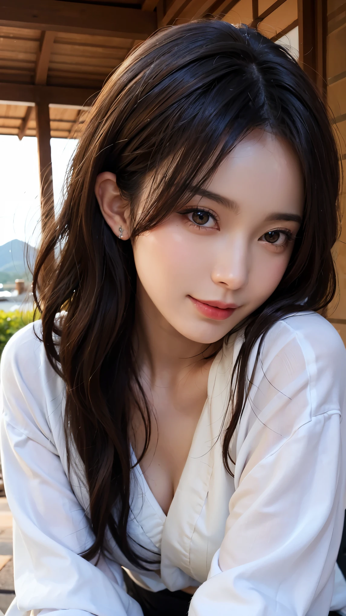 Ulsan-6500-V1.1、Extremely detailed、、 High definition、raw color light、long shot、1 young woman、Kpop Girl、high detail skin、soft light from above、vivid colors、shiny white muscles、wonderful face and eyes、Light makeup、smile、lace dress、long legs、flower garden、lie down on the bench、