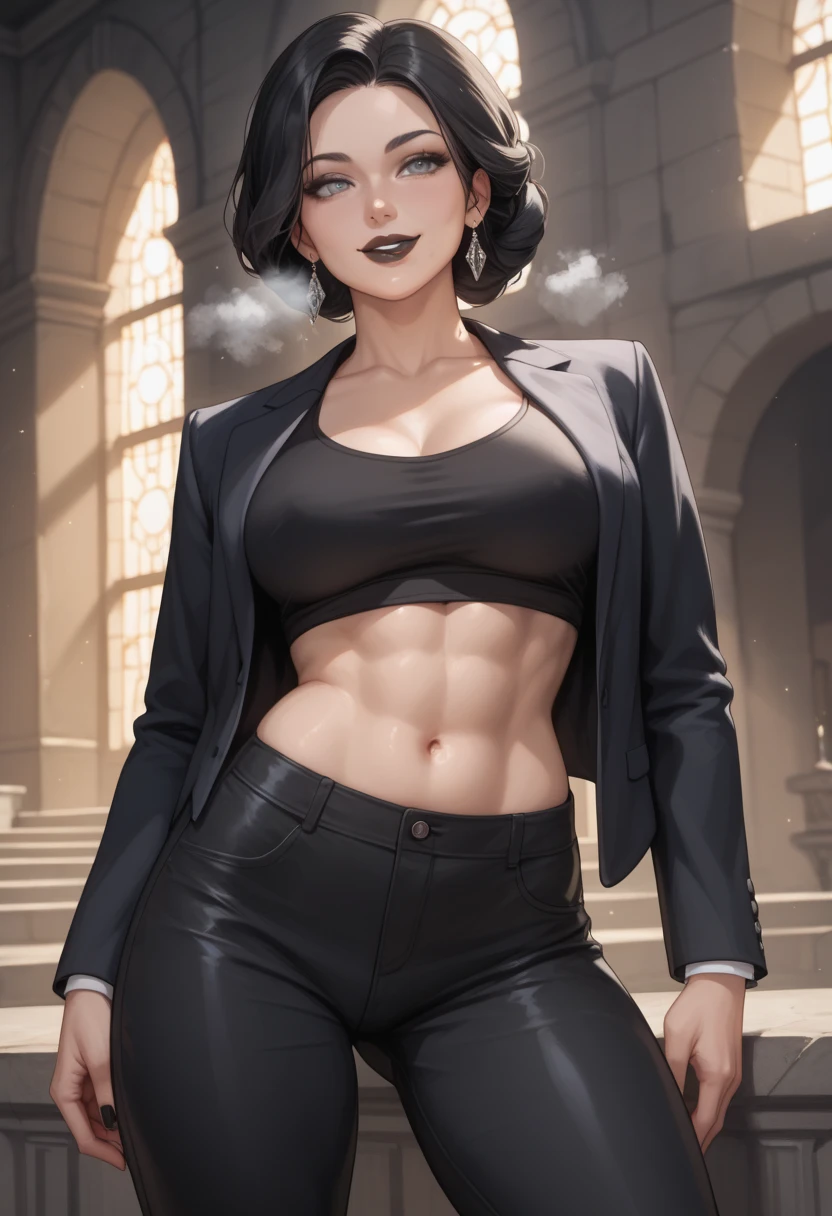 1boy, black eyeliner, male medium length mullet hairstyle, medium sharp hair texture, black hair, handsome, red eyes, black gloves, black clothes, room, red lipstick, femboy, blush, thin waist, half open eyes, black pants, choker, beautiful face, sexy pose