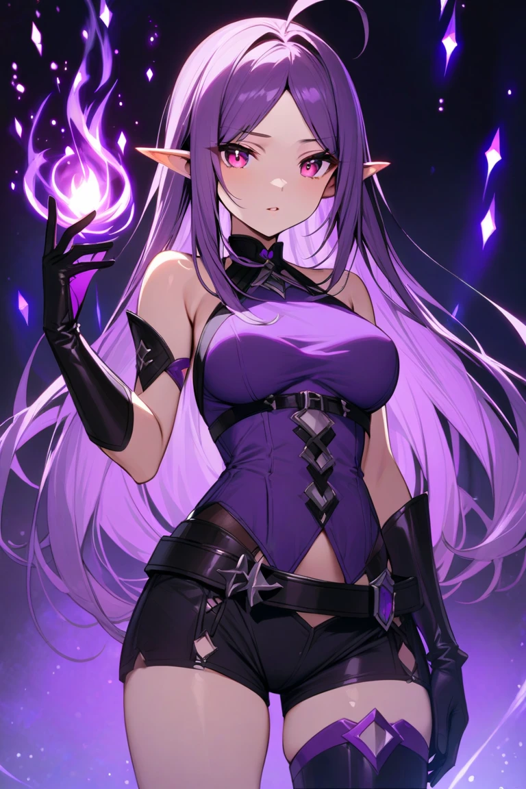 Young girl, Long black hair, violet eyes, elf ears, smirk, Purple Sorcerer Form, Gold Elements, water magic, Masterpiece, hiquality, 4k, HD, Good detail