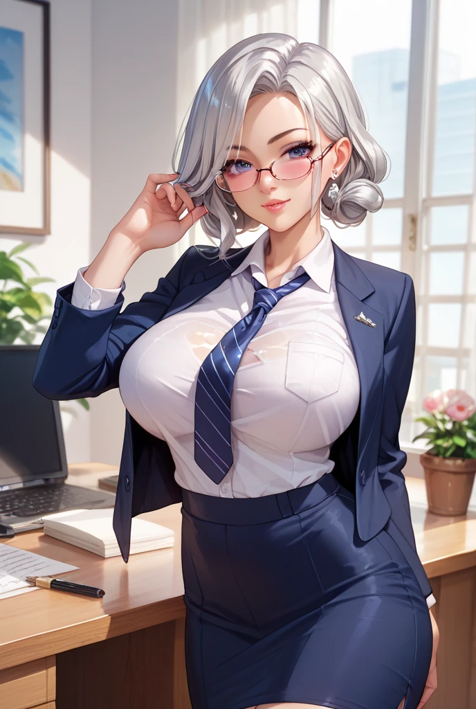 beautiful girl, Silver Hair, Navy blue blazer, big breasts、Show off your cleavage、