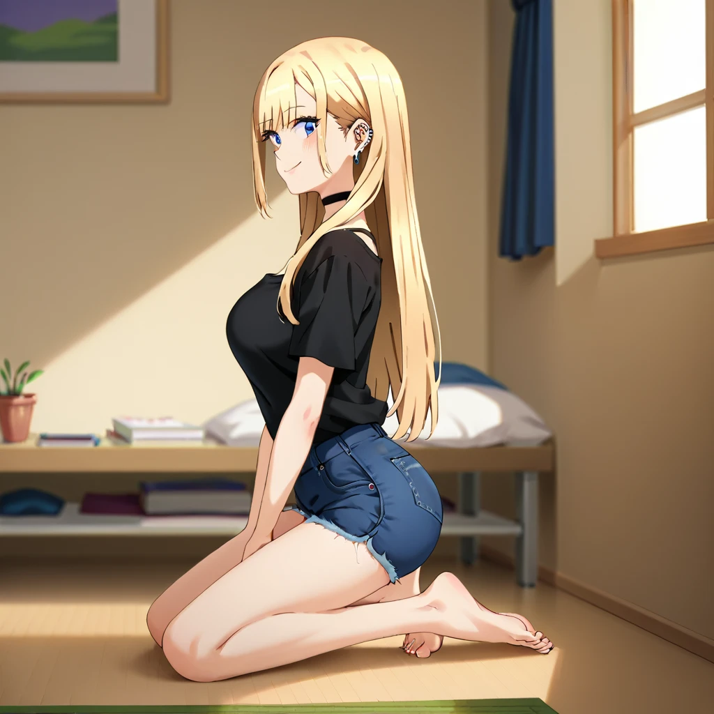 (masterpiece, Best Quality:1.2), absurdities, perfect anatomy, solo 1 girl, full body, looking at the viewer, blunt bangs, ( Denim shorts:1.1), Focus only, Soft lighting, (blue eyes), blonde hair, very long hair, twintails, Airi Akizuki, medium breast, striped tights, she is kneeling, no bra, nipples,
