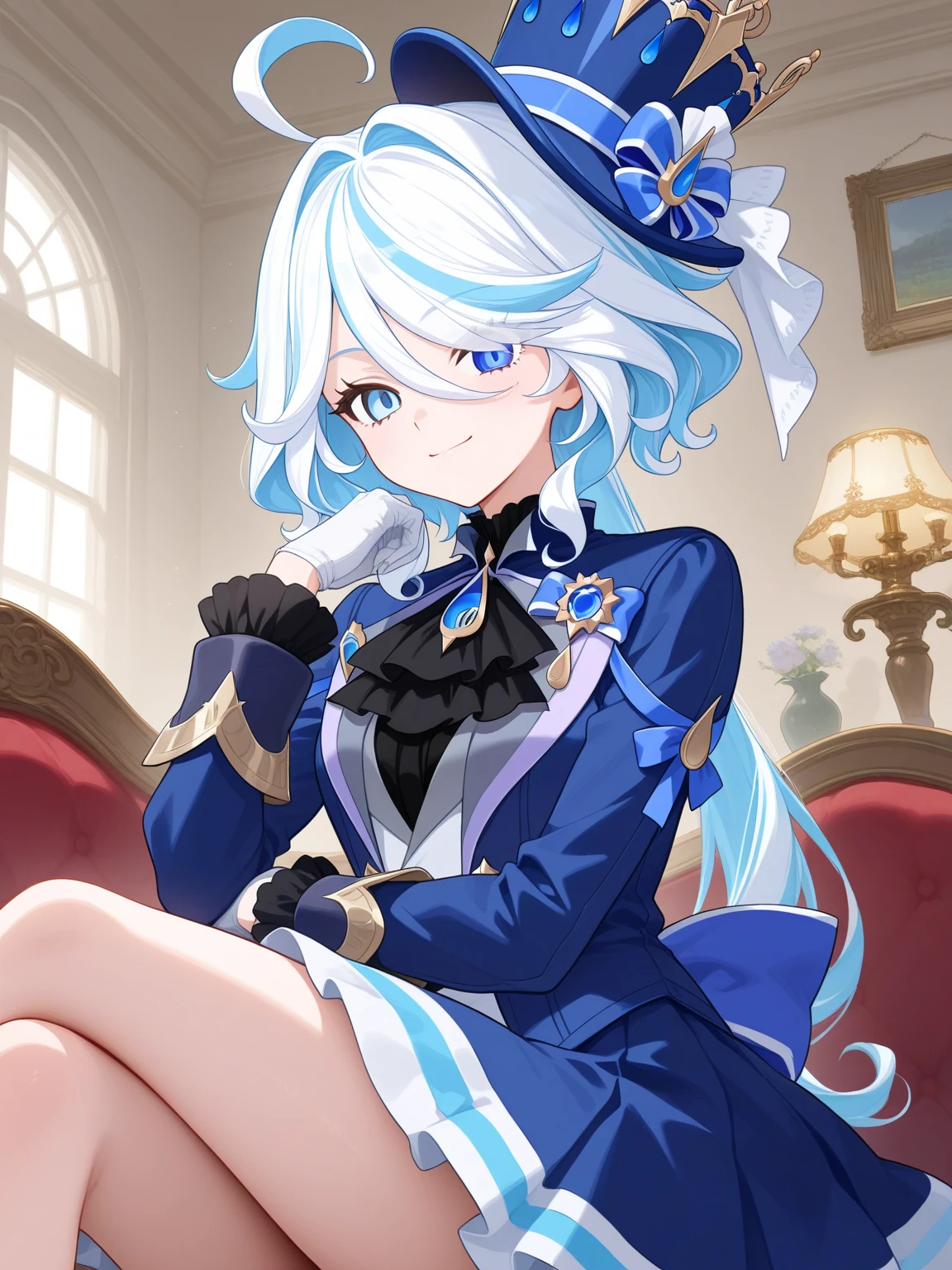 <lora:furina:0.1>furina, 1girl, solo, long hair, looking at viewer, smile, bangs, blue eyes, gloves, long sleeves, hat, jewelry, sitting, closed mouth, blue hair, jacket, ahoge, white hair, multicolored hair, shorts, black gloves, indoors, blurry, streaked hair, blurry background, crossed legs, blue jacket, brooch, couch, blue headwear, top hat, on couch