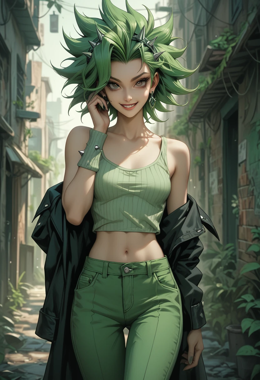 a drawing of a woman with green hair and a tie, inked and colored, ella hulk, green skin!, ella hulk, orc theme, green skin!!, arzach style comic, Full color drawing, sexy female, green skinned, high quality colored sketch, drawn in the style of artgerm, character, Hot woman, torn clothes, showing breasts, perfect breasts, coming out of a building in ruins, expression of rage