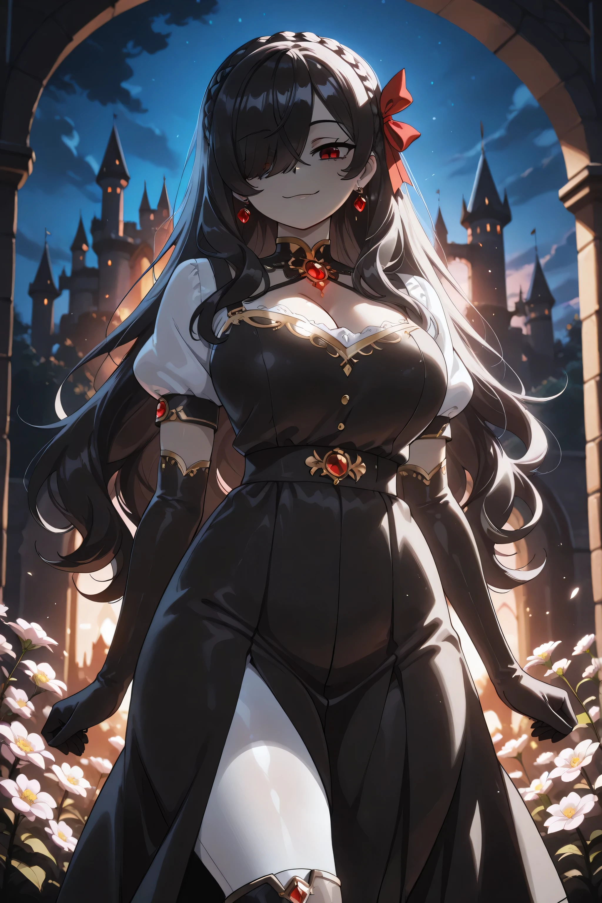 1girl, Kuroki Monika, black hair, very long hair, hair over right eye, red eyes, large breasts, (petite but curvy, very cute), solo, close up, night, castle, flowers, sunset, innocent expression, soft lighting, subtle shadows, youthful appearance, glowing lighting, dynamic background, high contrast ,intensely saturated lighting effects, luminous reflections, HDR-like contrast, crown braid, hair ribbons, yellow pinafore, puffy short sleeves, black elbow gloves, red gemstone earrings, long skirt, black skirt, (white pantyhose), boots, gold embroidery, ,soft_bloom, confident smile