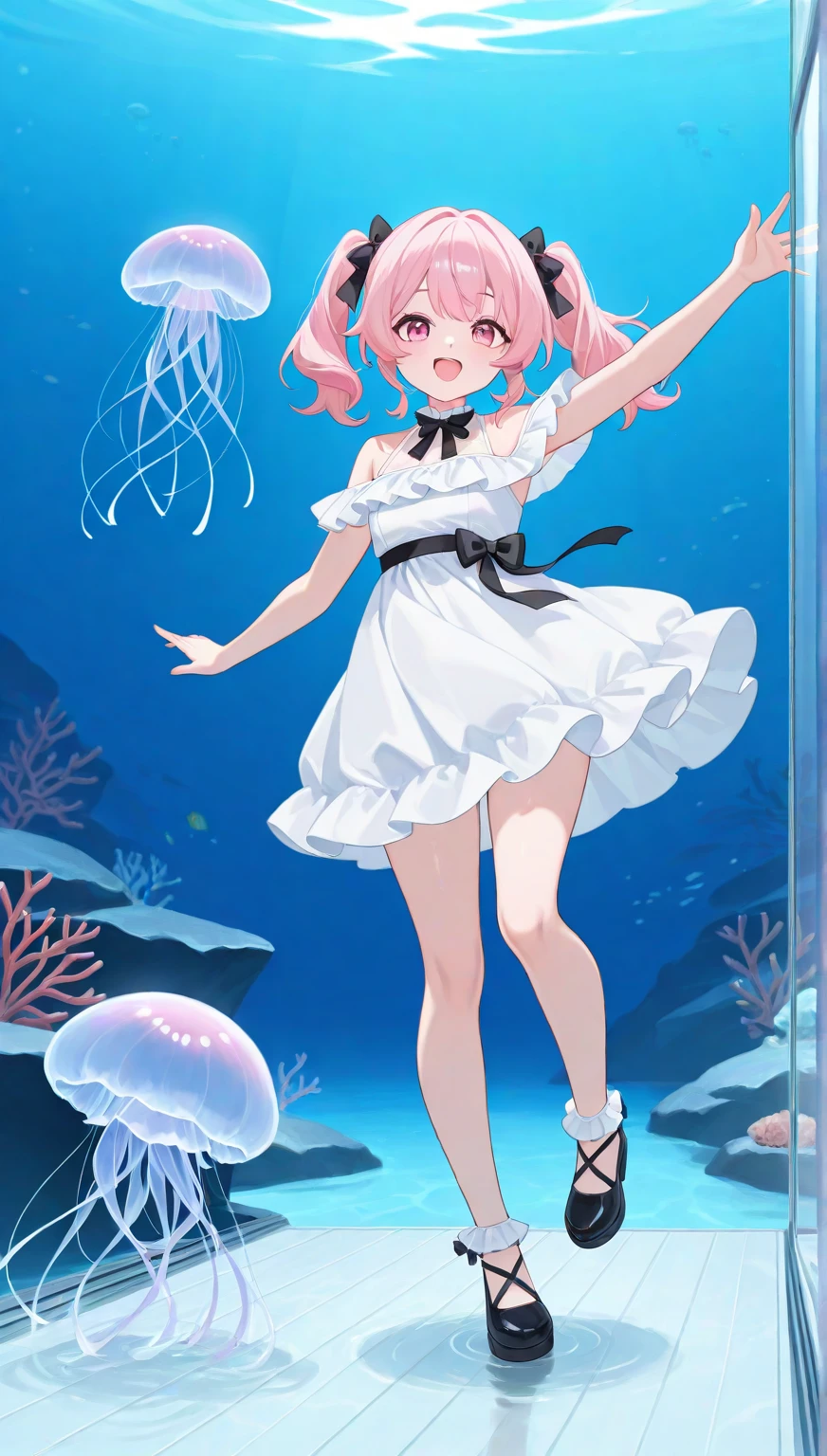 （Character Design、Full-body portrait ）Cute swimsuit girl、Pink Hair、The hairstyle is a short ponytail 、Odd Eye 、The color of the swimsuit is light green. 、She&#39;s making a cute pose
