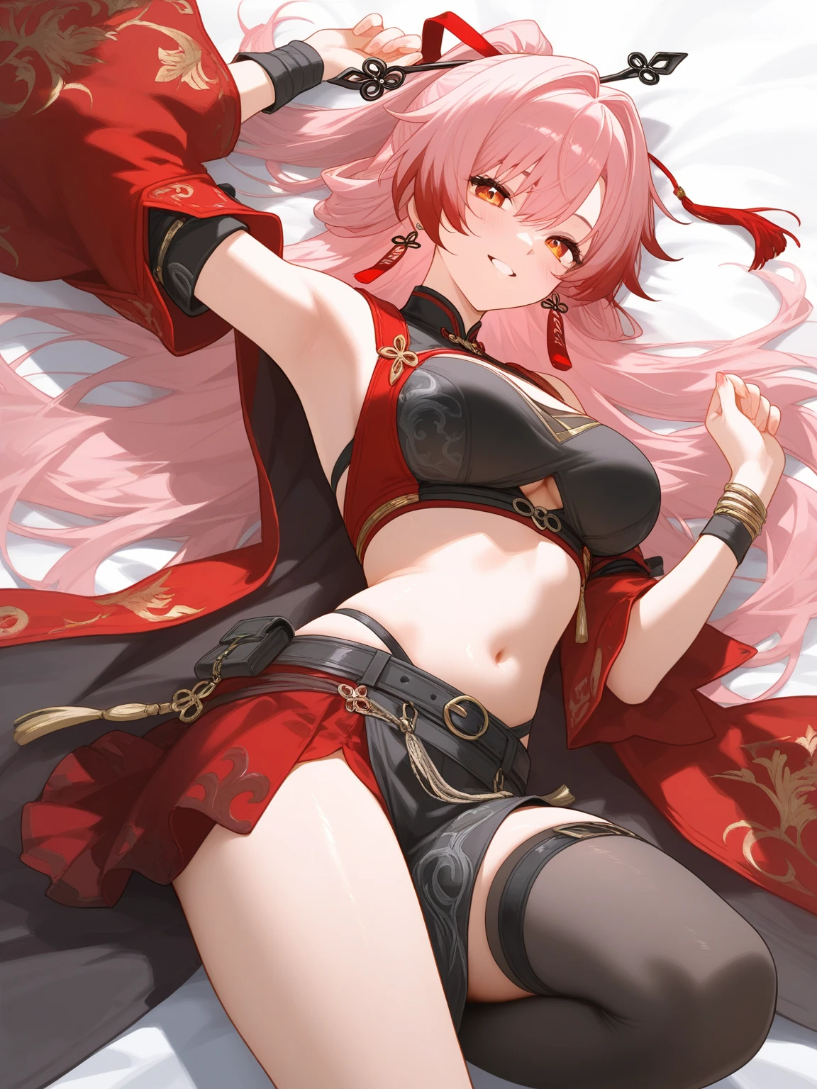 female oni, underboobs, make up, orgasm, masterpieces, solo, hyper detail eyes, belly button, original character, pussy
