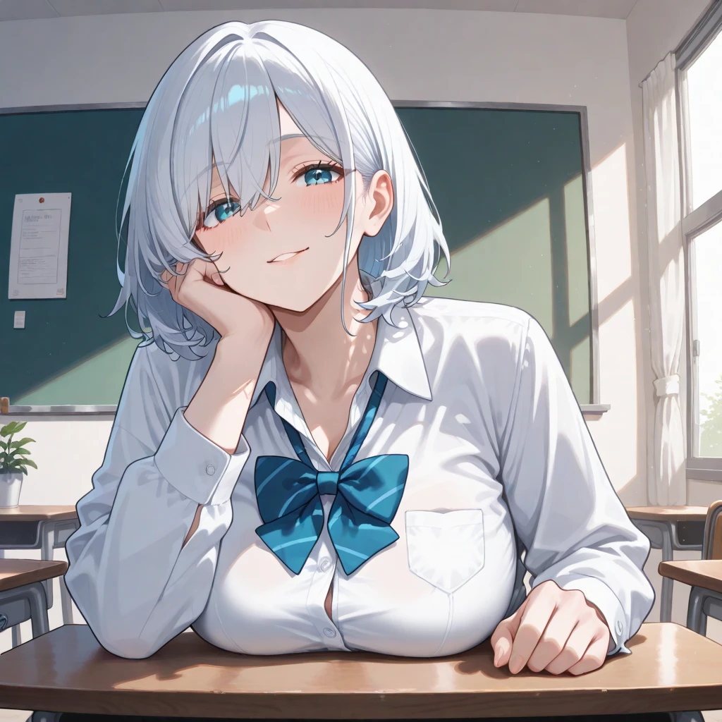 white hair, long hair, s eyes:1.5), (Large Breasts:1.2),
Rest special short skirt, skirt, White shirt， Setofuku,Low-cut，Cleavage，With eyes closed，boots，
Resting looking at viewer,
Rest indoors, Classroom break (masterpiece:1.2), best quality, high resolution, Unity 8k Wallpaper, (illustration:0.8), (Beautiful and delicate eyes:1.6), Extremely detailed face, Perfect lighting, Extremely detailed CG, (Perfect hands, Perfect anatomical structure),