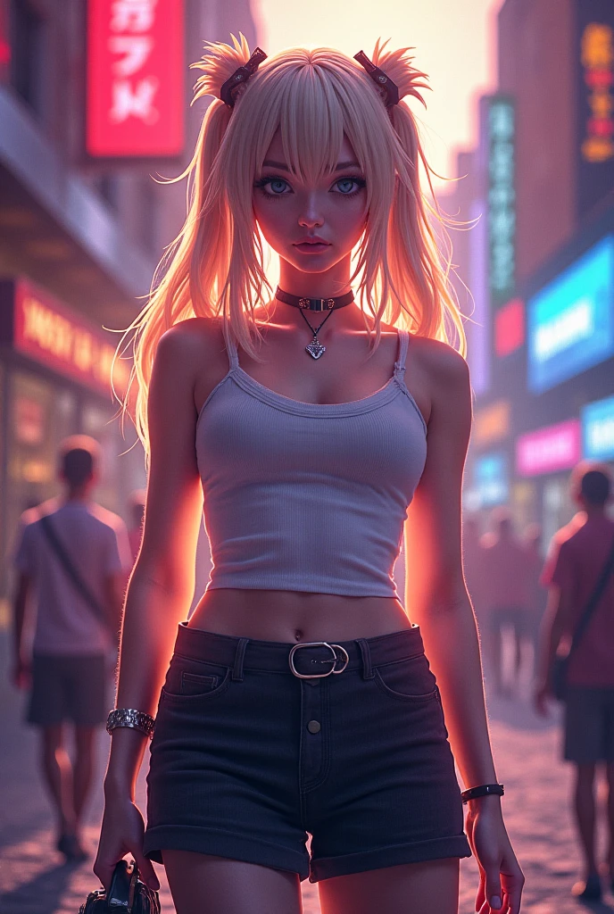 A beautiful anime woman with long blonde hair, red eyes, wearing a lacy red crop top and ripped blue jeans, looking out from a city window with neon signs, cityscape in background, detailed 3d render, soft lighting