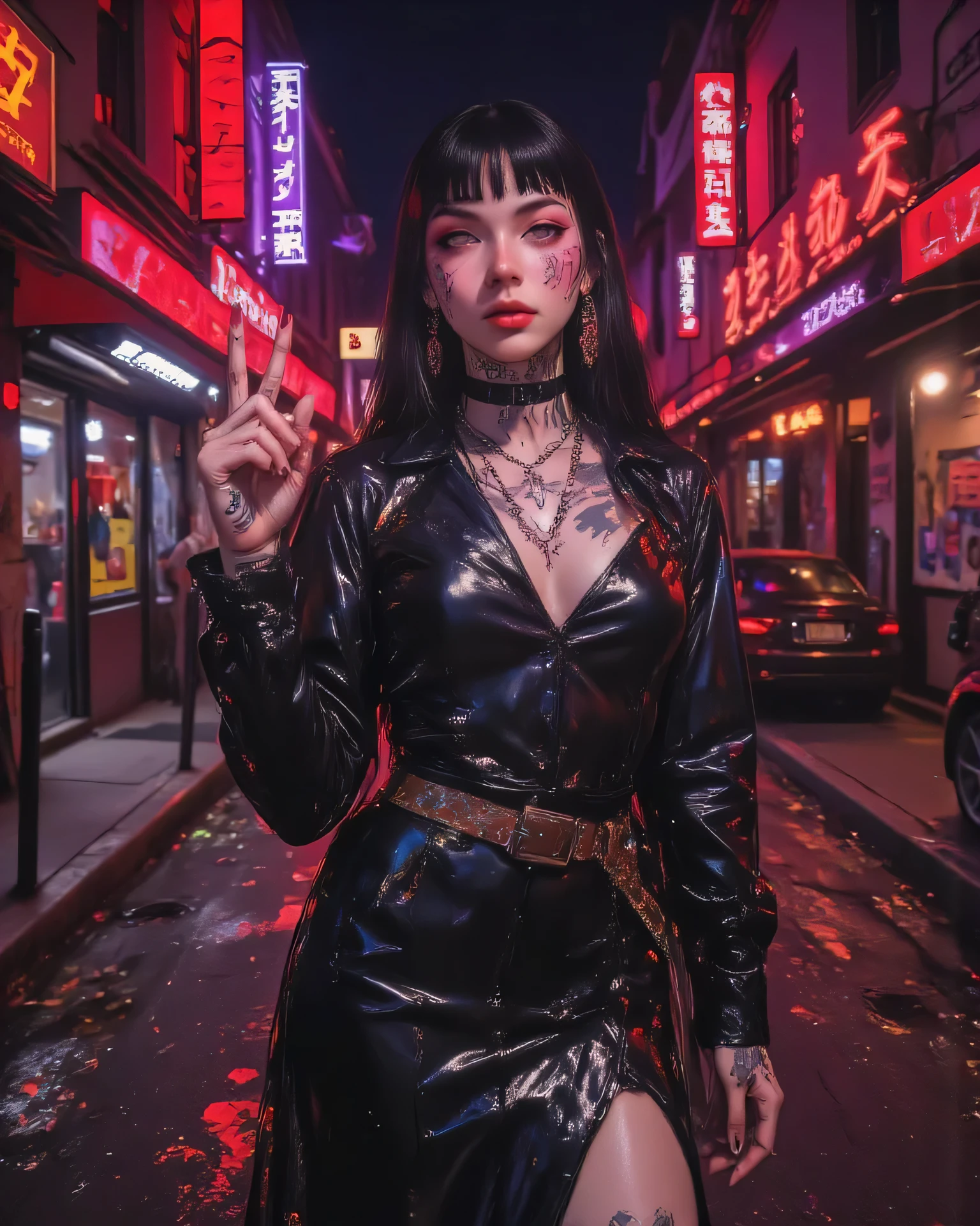 Photorealistic portrait of a young woman in a dystopian and gloomy world, merging the Gothic aesthetic with cyberpunk. The scene takes place in a decrepit urban landscape, with streets illuminated by neons in shades of red and purple, creating a decadent and dangerous atmosphere. The young woman wears a genuine leather dress from Cybercom des Garçons, with an avant-garde design, metallic details and luxury finishes that reflect her strength and rebellion. Her long black hair falls with intensity, partially covered by a translucent hood that reveals facial tattoos brilliant, loaded with mystical symbols. The young woman is defiant, raising her hand in a classic gesture of contempt: the extended middle finger, in a clear act of rebellion, symbolizing arrogance and threat, with the same defiant attitude of the classic Mafia. The high-contrast cinematographic lighting highlights the textures of the leather, the skin and the metallic details of her outfit. The deep shadows surround the figure, accentuating the sense of danger and power. The scene evokes a mixture of dark luxury, latent violence and a air of haute couture that merges with the aesthetics of the CLASSIC Mafia.
