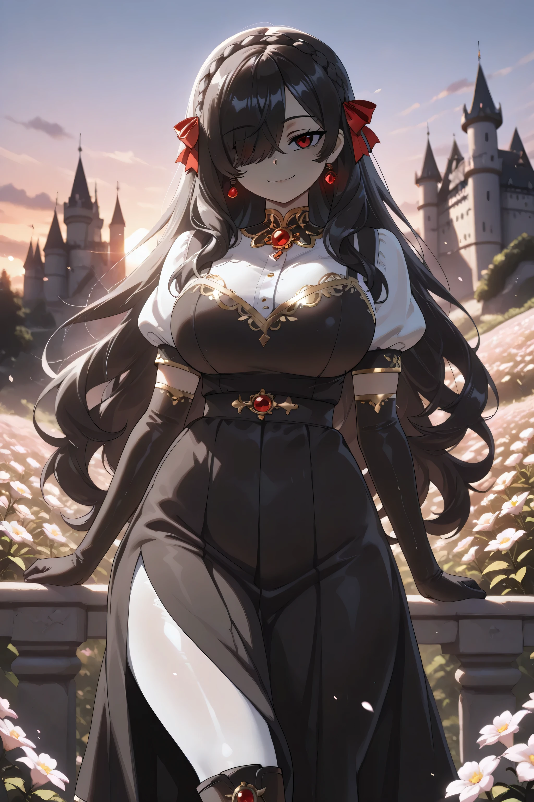 1girl, Kuroki Monika, black hair, very long hair, hair over right eye, red eyes, large breasts, (petite but curvy, very cute), solo, close up, castle, flowers, sunset, innocent expression, soft lighting, subtle shadows, youthful appearance, glowing lighting, dynamic background, high contrast ,intensely saturated lighting effects, luminous reflections, HDR-like contrast, crown braid, hair ribbons,  yellow pinafore, puffy short sleeves, black elbow gloves, red gemstone earrings, long skirt, black skirt, (white pantyhose), boots, gold embroidery,  ,soft_bloom, confident smile