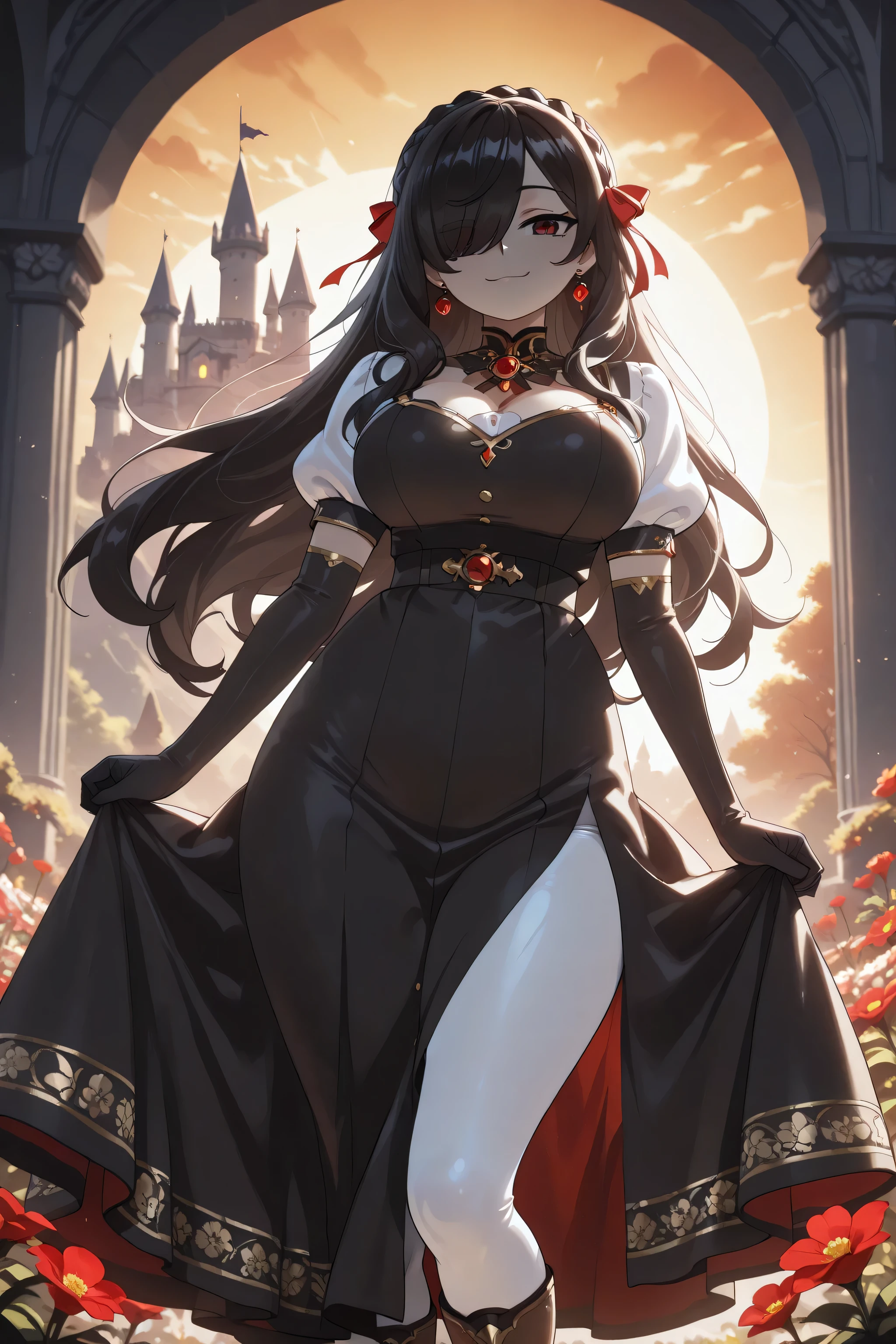 1girl, Kuroki Monika, black hair, very long hair, hair over right eye, red eyes, large breasts, (petite but curvy, very cute), solo, close up, castle, flowers, sunset, innocent expression, soft lighting, subtle shadows, youthful appearance, glowing lighting, dynamic background, high contrast ,intensely saturated lighting effects, luminous reflections, HDR-like contrast, crown braid, hair ribbons, yellow pinafore, puffy short sleeves, black elbow gloves, red gemstone earrings, long skirt, black skirt, (white pantyhose), boots, gold embroidery, ,soft_bloom, confident smile