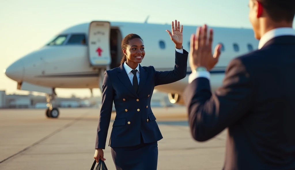 masterpiece, best quality, 1 woman, solo, beautiful African and Asian mixed 6, shoulder length straight hair, standing in modest business blue pantsuit waving on the steps of airforce 1