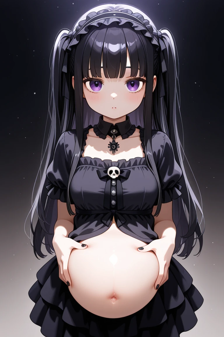 Chubby goth Bunny Girl big belly blue eyes anime massive pregnant belly, purple eyes