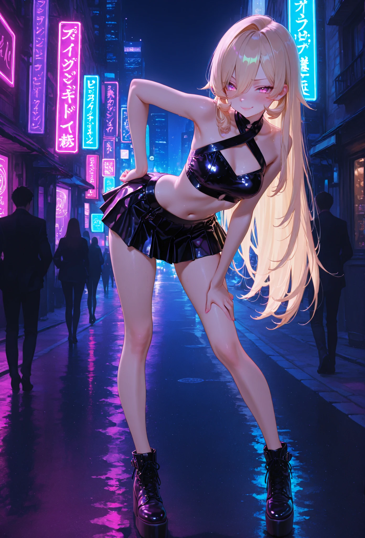 Deedlit cute little Elf ,(((little ,small tiny body,))),((())),((little Elf with extremely cute and beautiful blonde hair)),(((Elf girl,anthro furry cute,Elf-girl))),(((Elf ears,Elf ears on head,big Elf ears))), (((flat chest))),(((blonde hair:1.35,messy blonde hair,colored inner hair,ear breathing,))),((heterochromia:1.5,eye1 yellow,eye2 orange,perfect eyes,upturned eyes:1.3,beautiful detailed eyes,finely detailed beautiful eyes:1,big highlight on eyes:1.2,slanted eyes)),(((lustrous skin:1.5,bright skin: 1.5,skin tanned,shiny skin,very shiny skin,shiny body,plastic glitter skin,exaggerated shiny skin,illuminated skin,wet legs))),(delicate detailed fingers,detailed body,detailed arms,human hands,(detailed face)), cute,slutty,,erotic,(((nsfw))), zettai ryouiki,revealing clothing,show skin,((rave shirt,neon shirt,rave mini-skirt,visible thong straps)),(wearing a rave outfit:1.3,rave clothes,semi-naked,with little clothing),((wet clothes,detailed outfit,detailed clothes)), (dynamic pose:1.0),solo focus,embarrassed,(centered,scale to fit dimensions,Rule of thirds), ((((cyberpunk city by the ocean,neon signs,puddles)))),stormy sky,threatening sky,dark clouds,((synthwave background theme,detailed background : 1.25)),((((night,nice lighting decorations,detailed architecture)))), (best quality,high resolution,sharp focus,ultra detailed,extremely detailed,extremely high quality artwork,(realistic,photorealistic:1.37),(extremely detailed CG),(very fine CG),((hyper super ultra detailed perfect piece)),flawless,(((masterpiece))),illustration,vibrant colors,(intricate),High contrast,Selective lighting,Double exposure,HDR (High Dynamic Range),Post-processing,Background blur,colors,(intricate),High contrast,Selective lighting,Double exposure,HDR (High Dynamic Range),Post-processing,Background blur, 3D rendering, varies multi etc. --v 6 --s 1000 --c 20 --q 20 --chaos 100