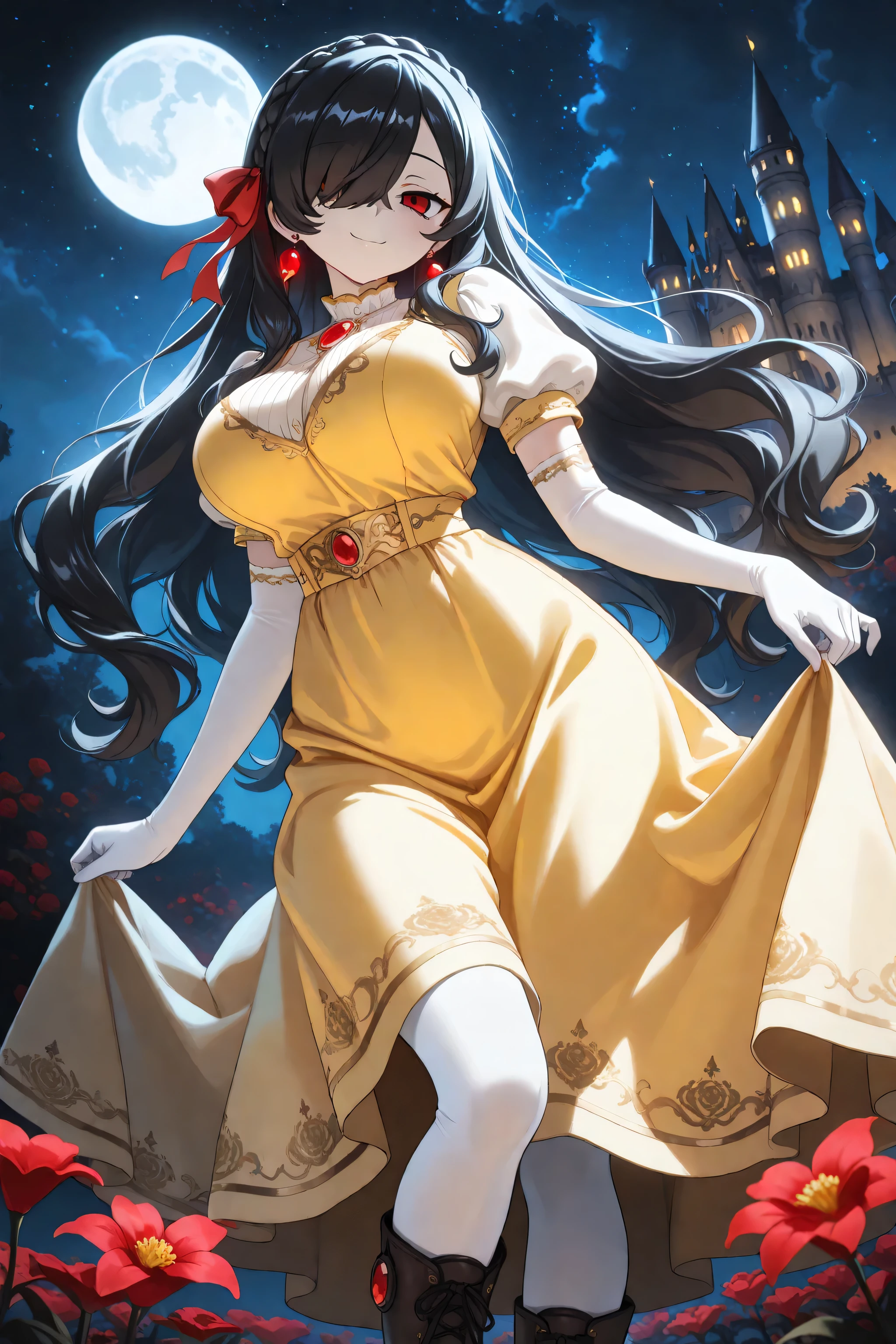 1girl, Kuroki Monika, black hair, very long hair, hair over right eye, red eyes, large breasts, (petite but curvy, very cute),  solo, close up, night, castle, flowers, moon, starry night, innocent expression, soft lighting, subtle shadows, youthful appearance, glowing lighting, dynamic background, high contrast ,intensely saturated lighting effects, luminous reflections, HDR-like contrast, crown braid, hair ribbons,  yellow pinafore, puffy short sleeves, white elbow gloves, red gemstone earrings, long skirt, yellow skirt, (white pantyhose), boots, gold embroidery,  ,soft_bloom, confident smile