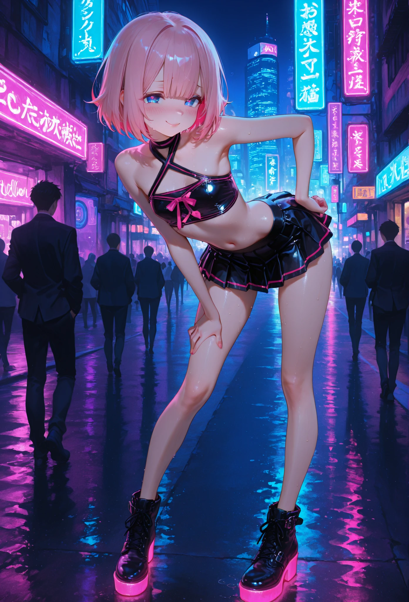 cute cartoon little loli,(((little loli,small tiny body,petite))),(((6 years old))),((extremely cute cartoon girl with liquid paint hair)),
(((flat chest))),(((short hair,liquid paint hair:1.1,neon purple hair|neon pink hair|neon blue hair|neon aqua hair|purple hair|fuchsia hair|fluorescent blue hair|amethyst hair|neon hair|bright pink hair :1.5,bright hair: 1.3,hair made of paint and defies gravity,thick flowing,paint splatter:1.3,shiny hair: 1.3,vibrant colored hair))),((((heterochromia:1.5,eye1 purple,eye2 pink))),intricate eyes,beautiful detailed eyes,symmetrical eyes,big eyes:1.5,((fat)),(((lustrous skin:1.5,bright skin: 1.5,skin tanned,shiny skin,very shiny skin,shiny body,plastic glitter skin,exaggerated shiny skin,illuminated skin,wet legs))),(delicate detailed fingers,detailed body,human hands),
cute,slutty,seductive,??????,(((nsfw))),
revealing clothing,show skin,(wearing a Neon color theme clothing:1.3,micro clothes,fluorescent and neon clothing,rave fashion,micro crop top,micro skirt,visible thong straps,accessories LED),((wet clothes,intricate outfit,intricate clothes)),
(dynamic pose:1.0),solo focus,embarrassed,(centered,scale to fit dimensions,Rule of thirds),
cyberpunk city by the ocean at night, with bright neon signs and dark stormy clouds and puddles, scenery:1.25,
highres, sharp focus, (ultra detailed, extremely detailed), (photorealistic artwork:1.37),(extremely detailed CG unity 8k wallpaper),((synthwave background theme)),(((vibrant colors))),(intricate background),(masterpiece),(best quality),
