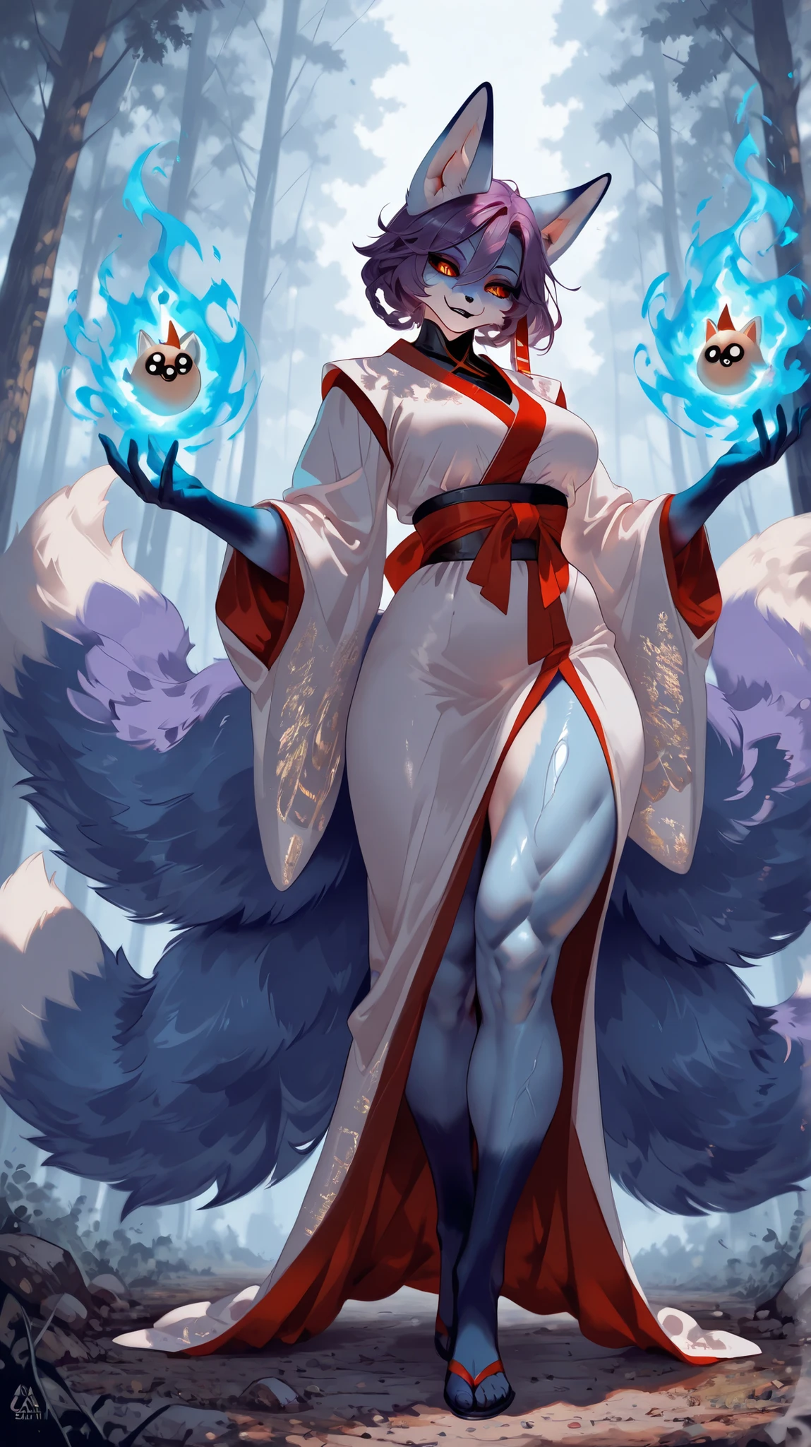 Expressiveh, (Highest quality), (Masterpiece), detailed, score_9, score_8_up, score_7_up, purple hair, pure light blue skin, Big circle eyes, orange eyes, red slit pupils, black sclera, detailed face, glitches on face, wide evil smile, calm pose, medium breasts, light kimono, wearing geta, multiple fox tails, strong female, athletic lanky body, muscular arms and legs, Nodding the head down, forest, might night, hyper fox furry lady, tall and big body, kitsune, magic blue flames, thick fog, leaning on a stone