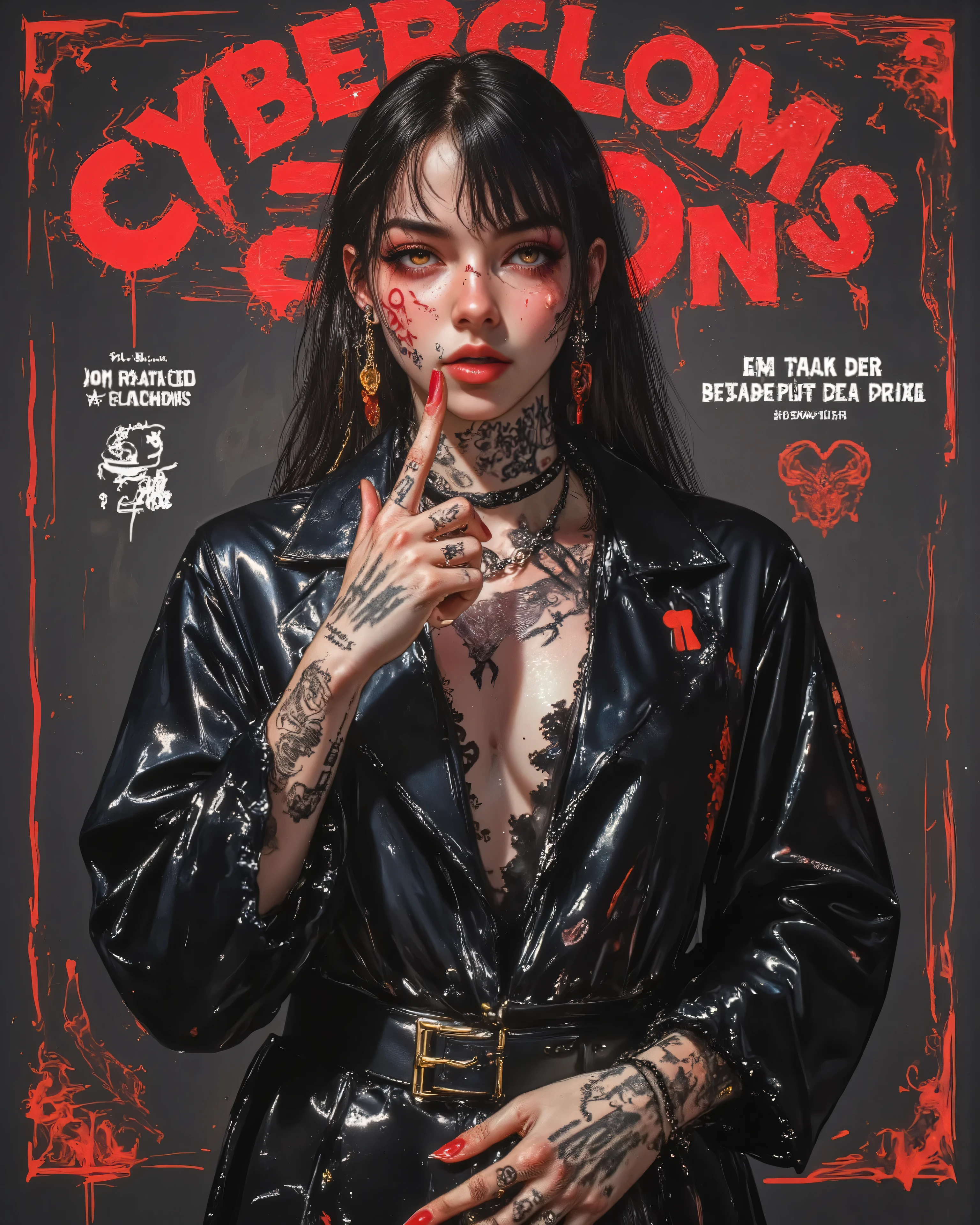 wicked, Dark and dangerous world of picture books!、((Dangerous World:1.2)) fashion photography、((Dressed in a piece by Cybercom des Garcons:1.2))、portrait,A girl, Photorealistic, Later ,genuine leather ,best quality , super fine ,mafia ,facial tattoo, ,(shows his finger as a mockery:1.2),long hair、(Paris Runway Collection:1.2)