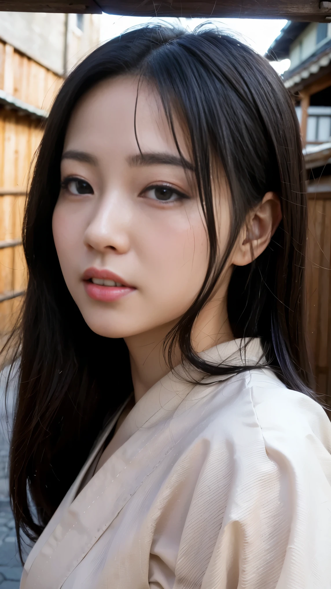 Kyoto back alley background、wearing a kimono、18 Year Old Girl、standalone、facing the front、light eye makeup、 long black hair、 flat at honny 、hair swings in the wind、Quality of actress、sparkle,   ultra real face 、Smileの表情、moist eyes、Look up 、  Subdued Lighting Effects、 hyper-realistic capture using natural light、very detailed、High Resolution 16K Closeup。Pose to Spread Your Female Genitals with Both Hands、It must be detailed enough to identify pores、The skin is healthy、At a Japanese castle、Use natural light and color、Model Agency&#39;Classic high quality images taken by exclusive photographer、Smile